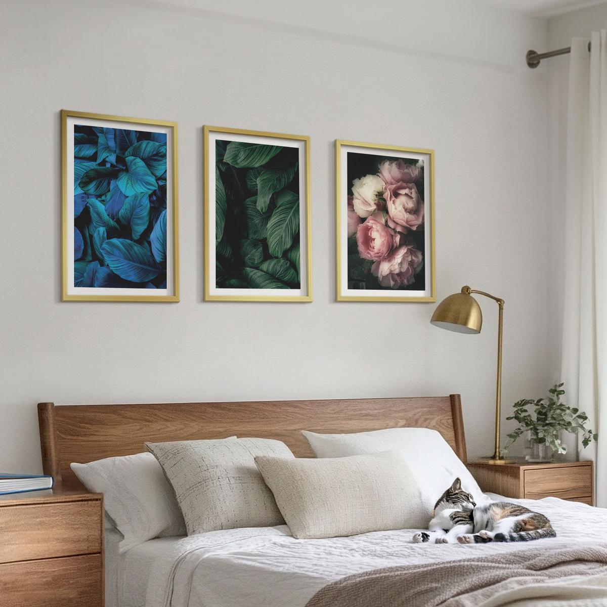 BILDER SET 3er Set - 40x60 cm Goldrahmen - Blätter, Blüten, verschiedene Farben - Goldfarben, Kunststoff (40/60cm) - TULUP