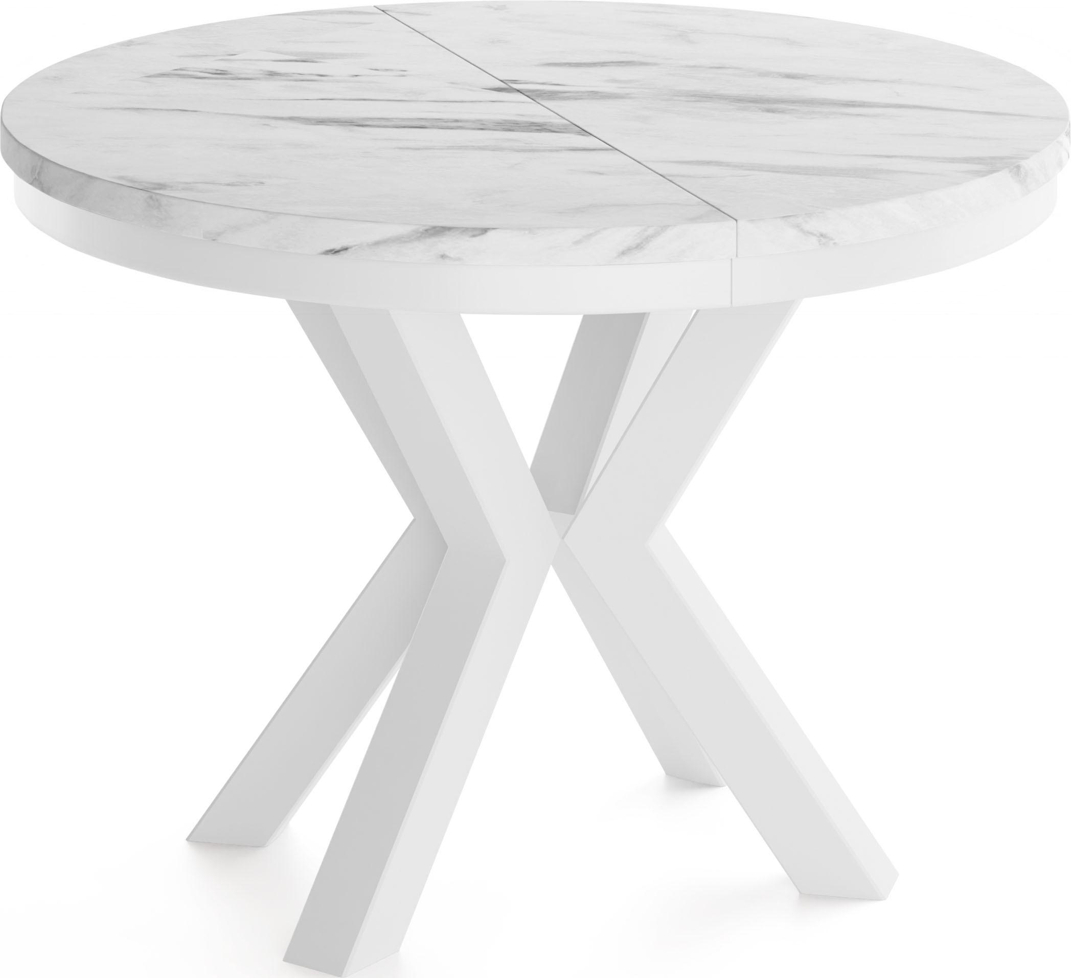ESSTISCH Clara Weiß runder ausziehbarer, Marmor Weiß 100-180/100/76 cm - Ecru/Weiß, Holzwerkstoff/Metall (100/176/76cm) - WFL GROUP