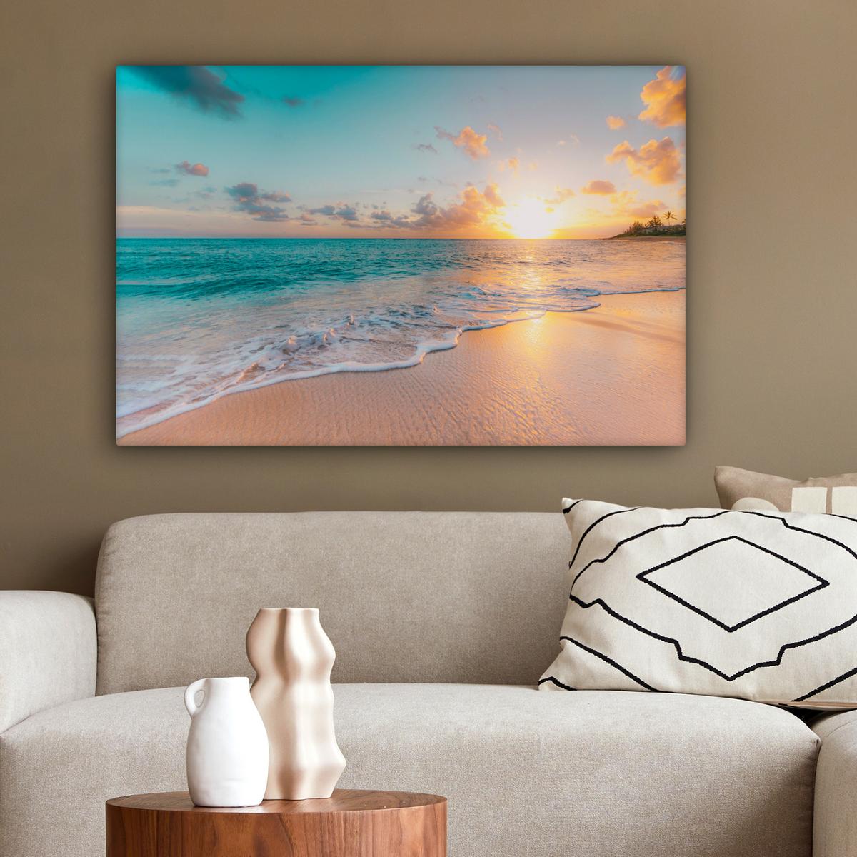 LEINWANDBILD Sonnenuntergang - Strand - Meer - Sommer - Blau XXL 150x100 cm - Multicolor, Textil (150/100cm) - MuchoWow