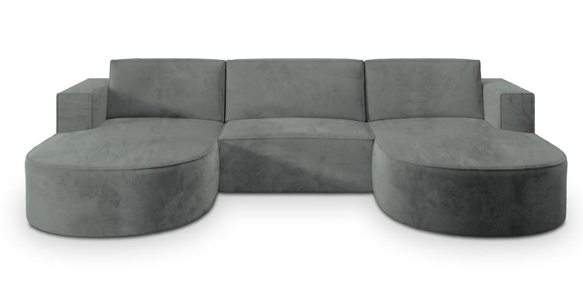 WOHNLANDSCHAFT VEZZO M Grau Velours-Stoff mit Schlaffunktion - Grau, Holz (347/85/174cm) - MASSENO