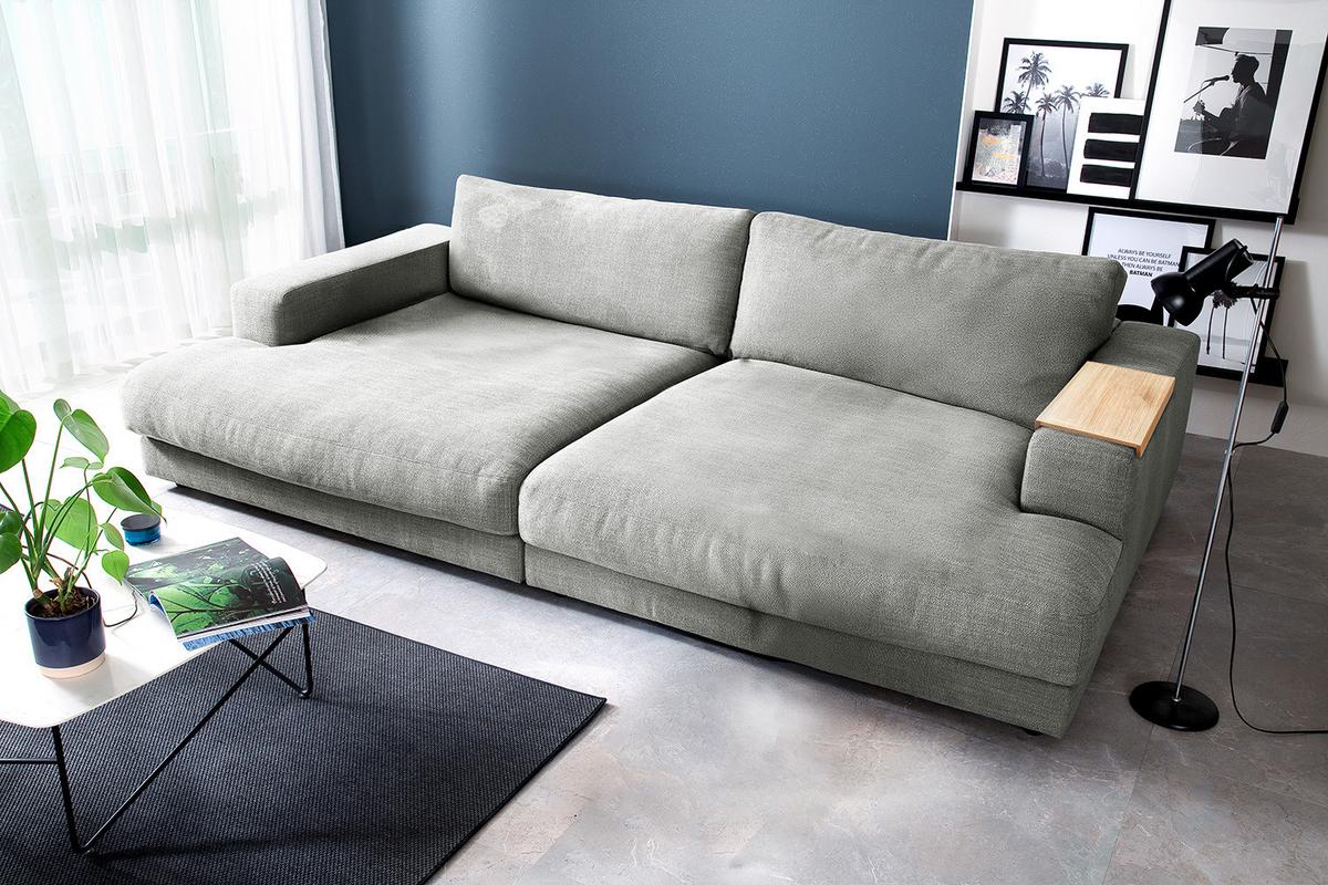 BIG SOFA MIT TABLETT MADELINE Silber Webstoff - Silberfarben/Schwarz, Kunststoff/Textil (290/85/170cm) - KAWOLA