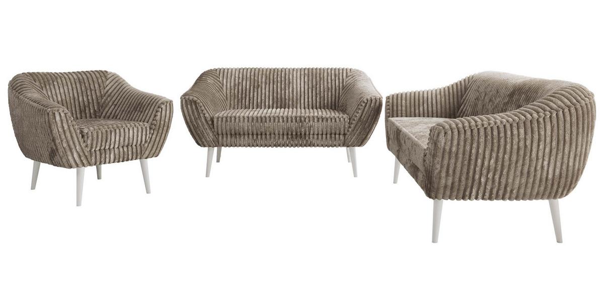 SITZGARNITUR PIRS 3+2+1 - Hellbraun Cord - Weiße Beine - Hellbraun/Weiß, Holzwerkstoff/Textil (180/75/74cm) - MKS