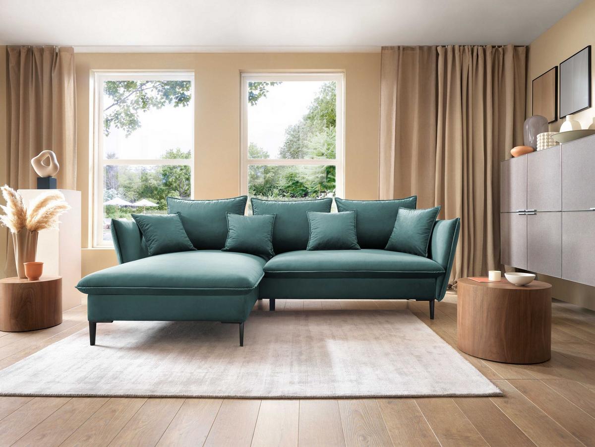 ECKSOFA SOLE Grün Plüsch-Stoff mit Schlaffunktion - Grün, Holz (258/167cm) - MASSENO