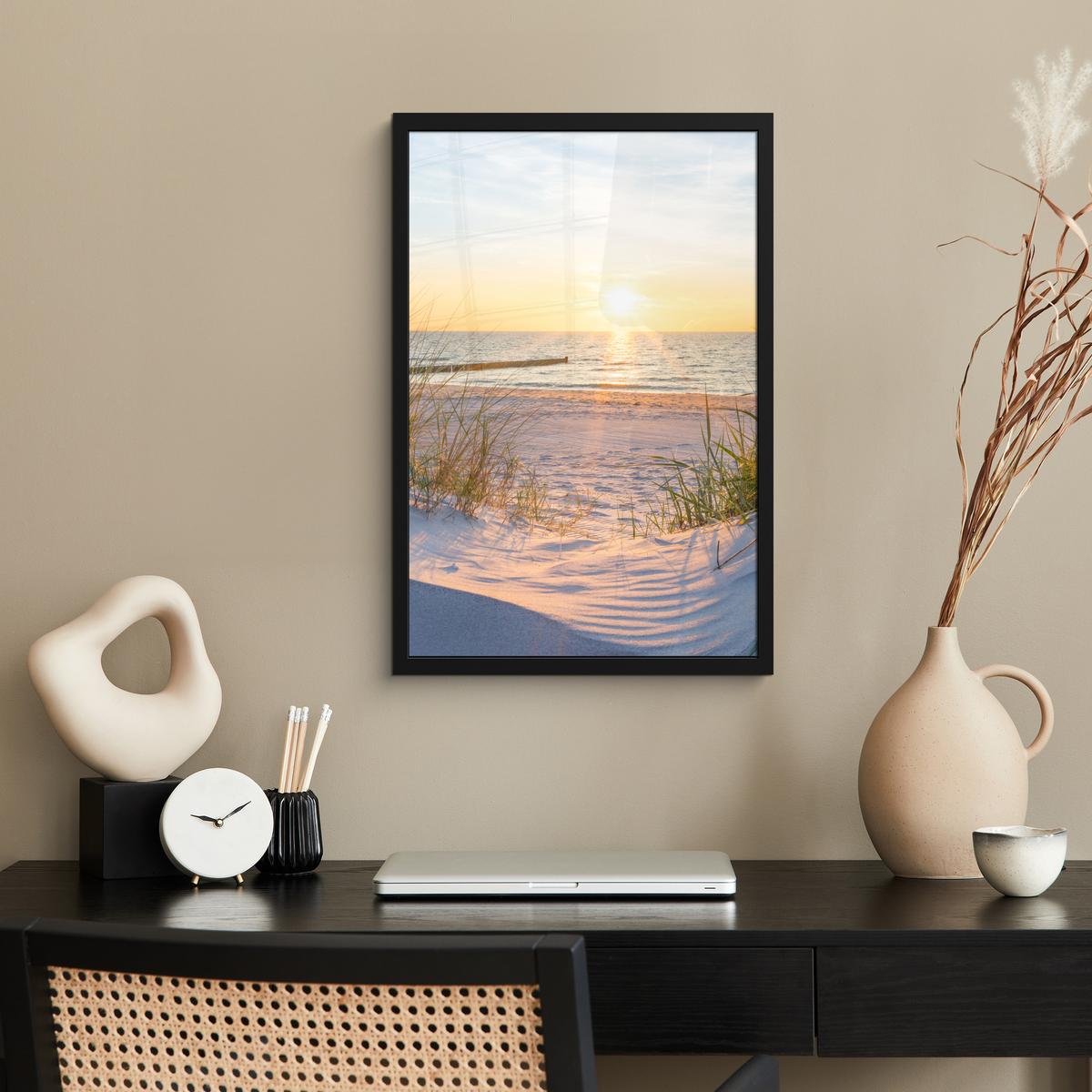 POSTER MIT RAHMEN Strand - Sonne - Düne - Gras - Sand - Horizont Bilder mit Rahmen 40x60 cm - Hellblau, Papier (40/60cm) - MuchoWow