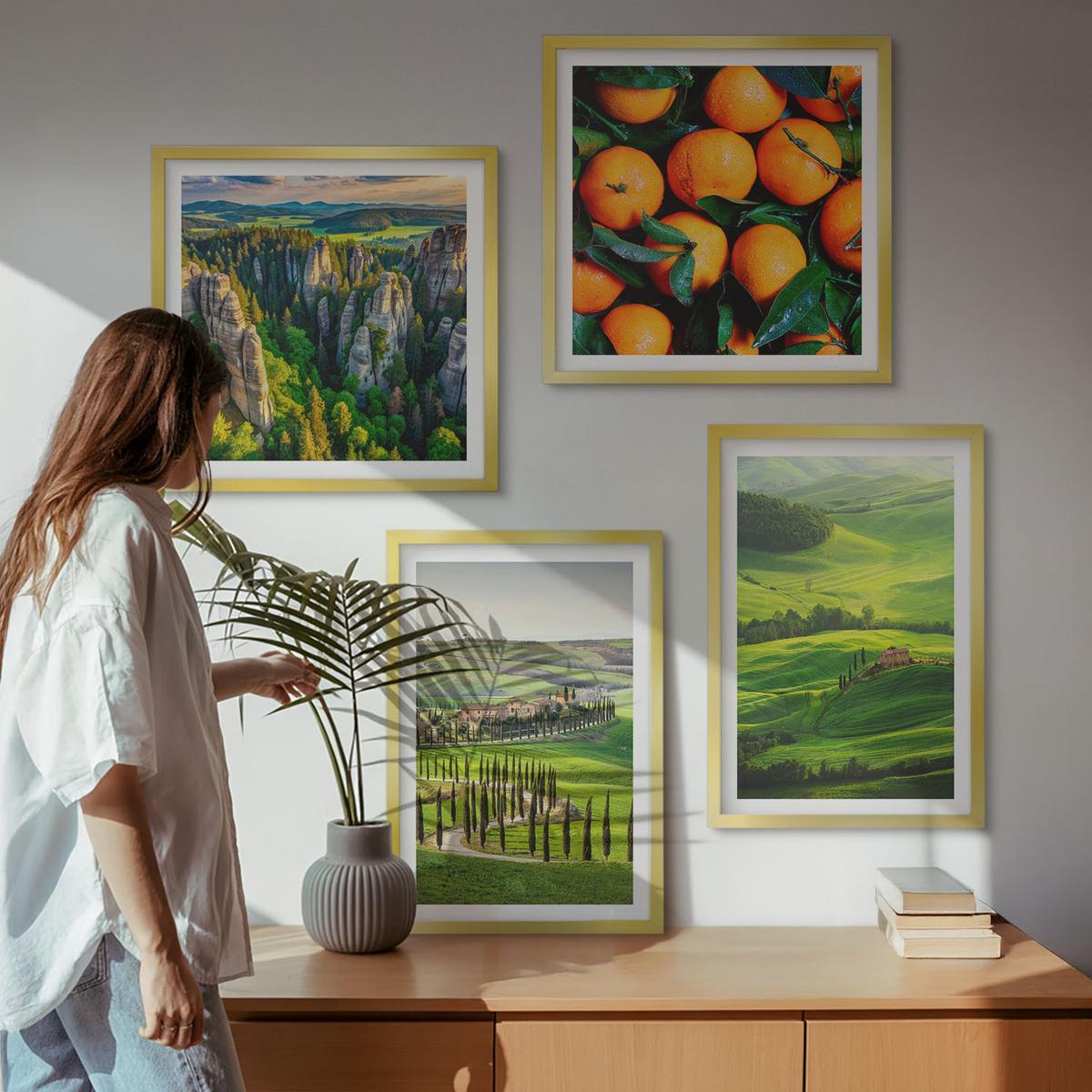 BILDER SET 4er Set - 50x50 cm & 40x60 cm Goldrahmen - Italienische Landschaft Orangen Natur - Goldfarben, Kunststoff (50/50cm) - TULUP