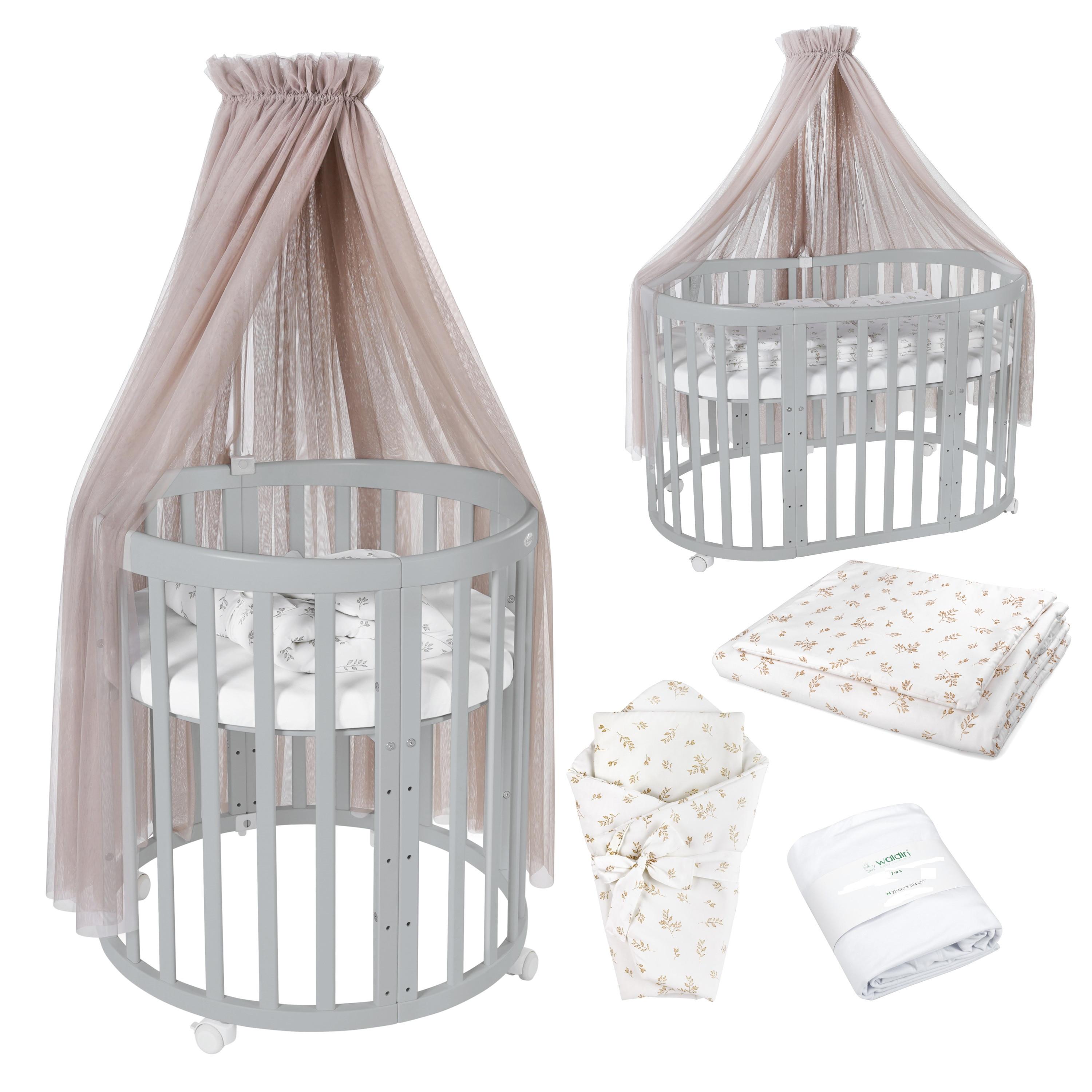 BABYBETT GREY OVAL 7in1 mit Matratze und Himmelset - Taupe/Grau, Holz/Textil (73/125cm) - waldin
