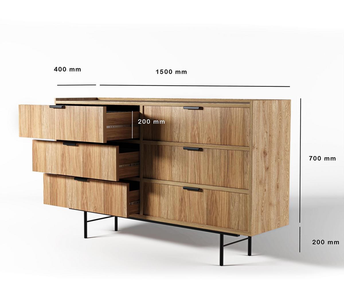 SIDEBOARD Nordiva 6S Hikora Natur 150/90/40 cm – Metallgestell - Schwarz/Naturfarben, Holzwerkstoff/Metall (150/90/40cm) - AX Living