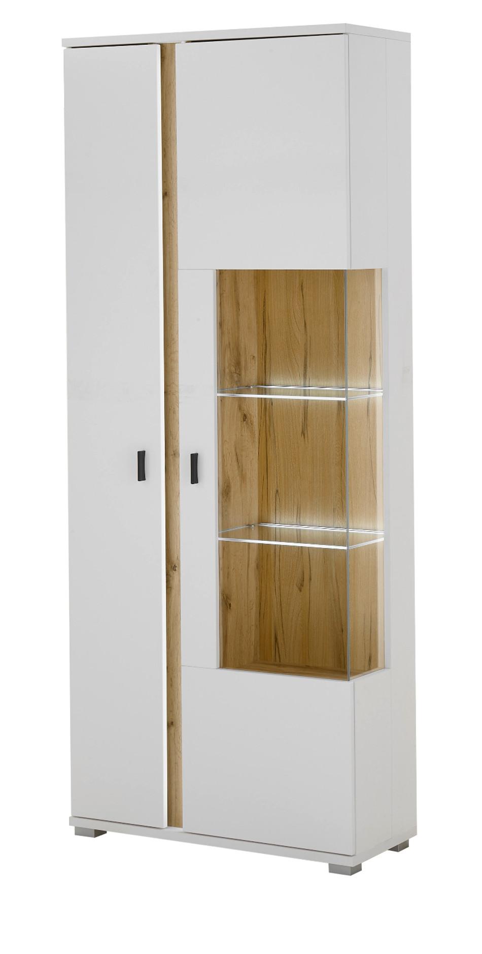 VITRINE weiß matt, Eiche Wotan 80 x 200 cm, Vitrinenschrank inklusive Frontbeleuchtung - Eiche Wotan/Silberfarben, Glas/Holzwerkstoff (80/200/35cm) - Furn.Design