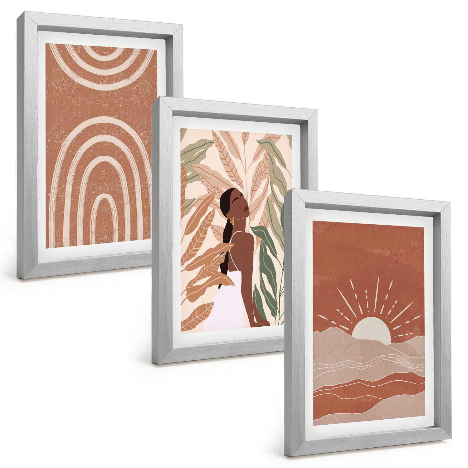 BILDER SET 3er Set - 20x30 cm Silberner Rahmen - abstrakte Formen im Boho-Stil - Silberfarben, Kunststoff (20/30cm) - TULUP