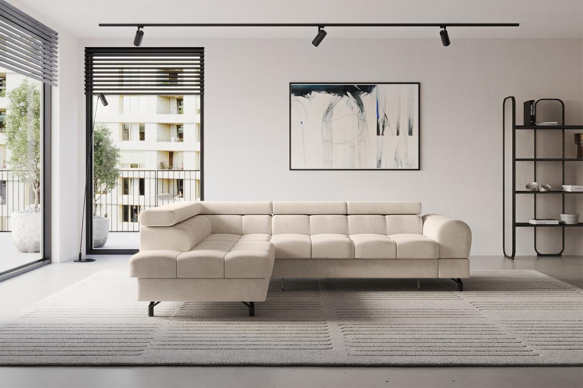 ECKSOFA mit Schlaffunktion Ottomane Links LUMA-L 272x203x70 Beige Velours - Sandfarben/Schwarz, Holzwerkstoff/Kunststoff (272/203cm) - ALTDECOR