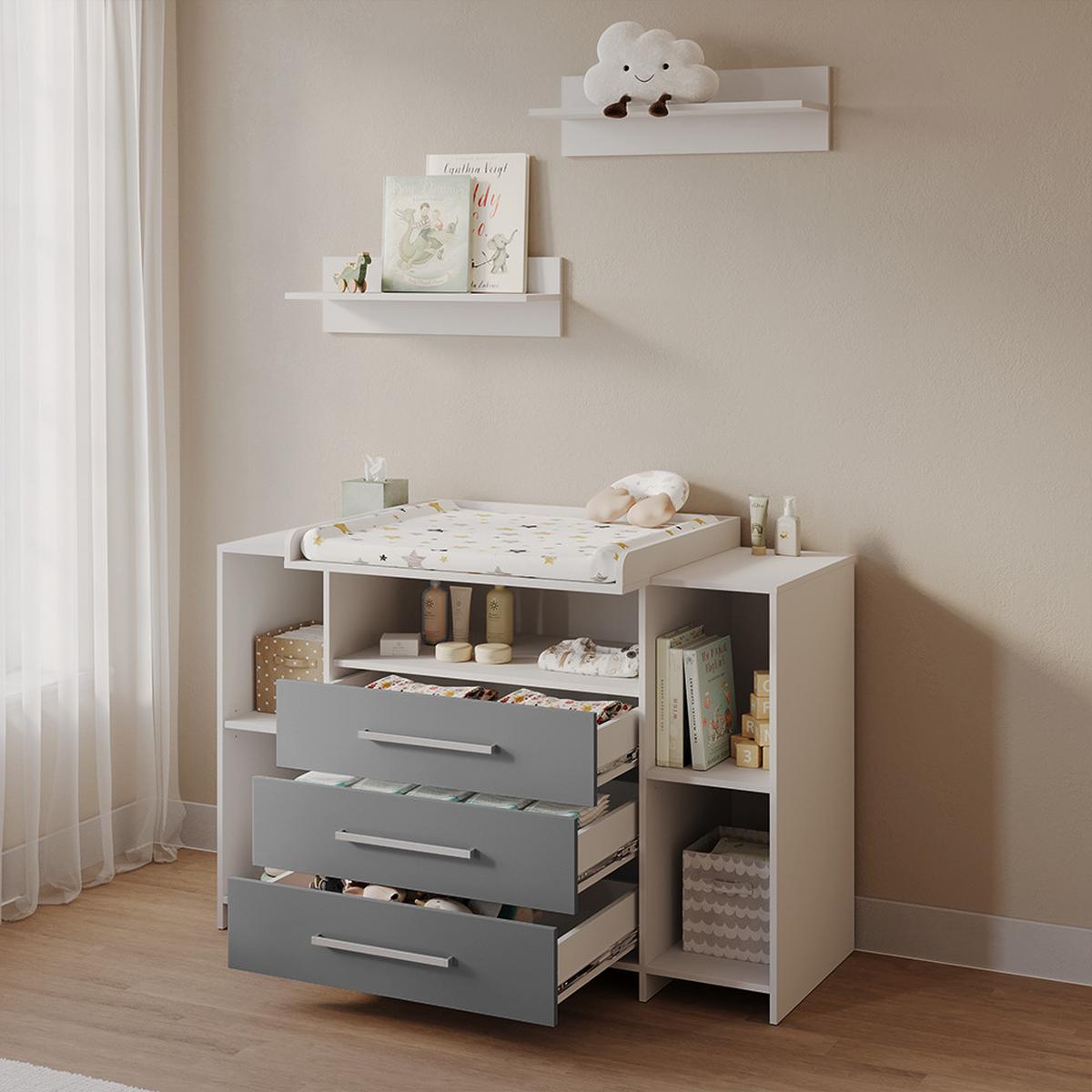 WICKELKOMMODE Torino Weiß/Grau XL mit Schubladen - Weiß/Grau, Holzwerkstoff (143/100/70cm) - Livinity®