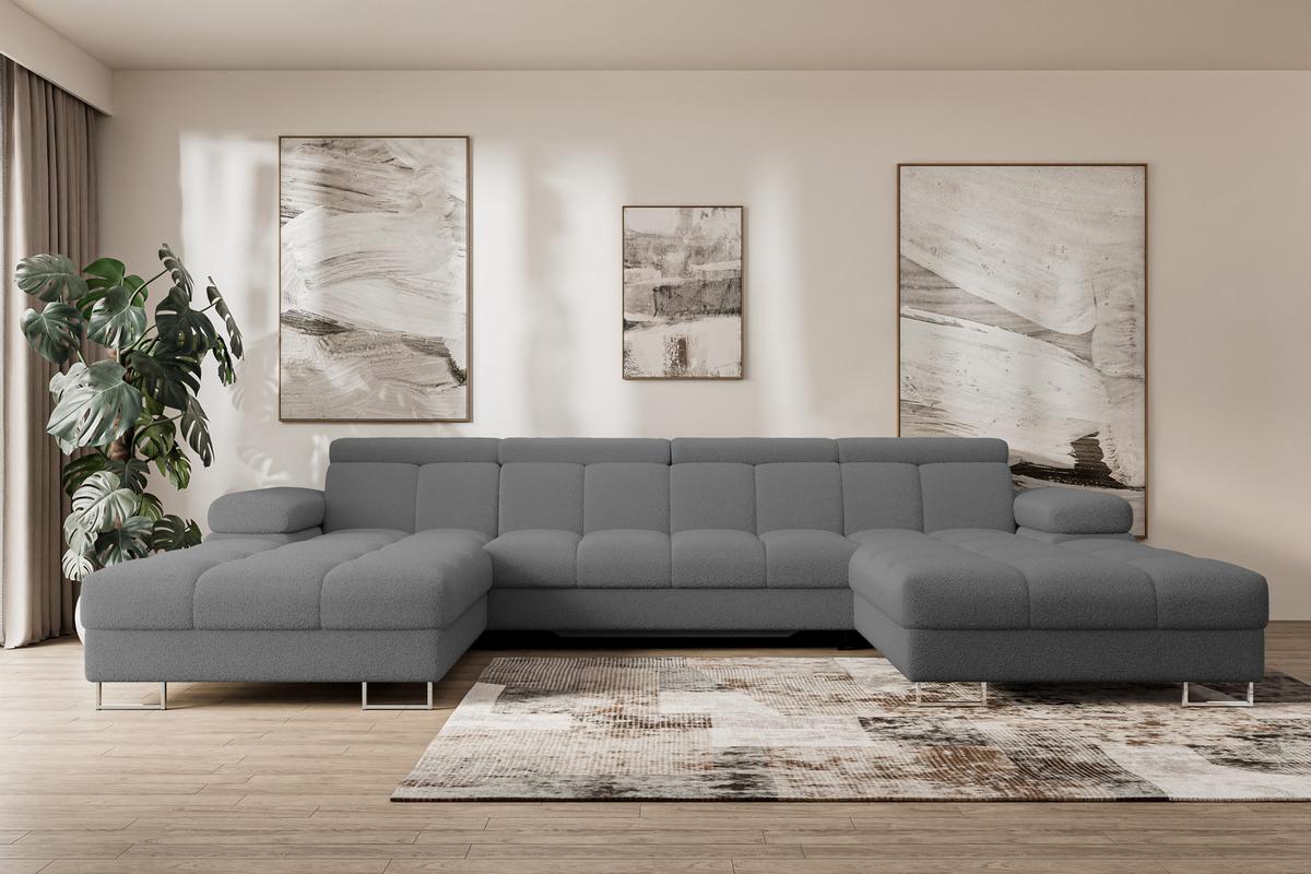 WOHNLANDSCHAFT mit Schlaffunktion und Bettkasten COMA U2 345x203x79 Grau Bouclé - Chromfarben, Holzwerkstoff/Textil (345/79/203cm) - ALTDECOR