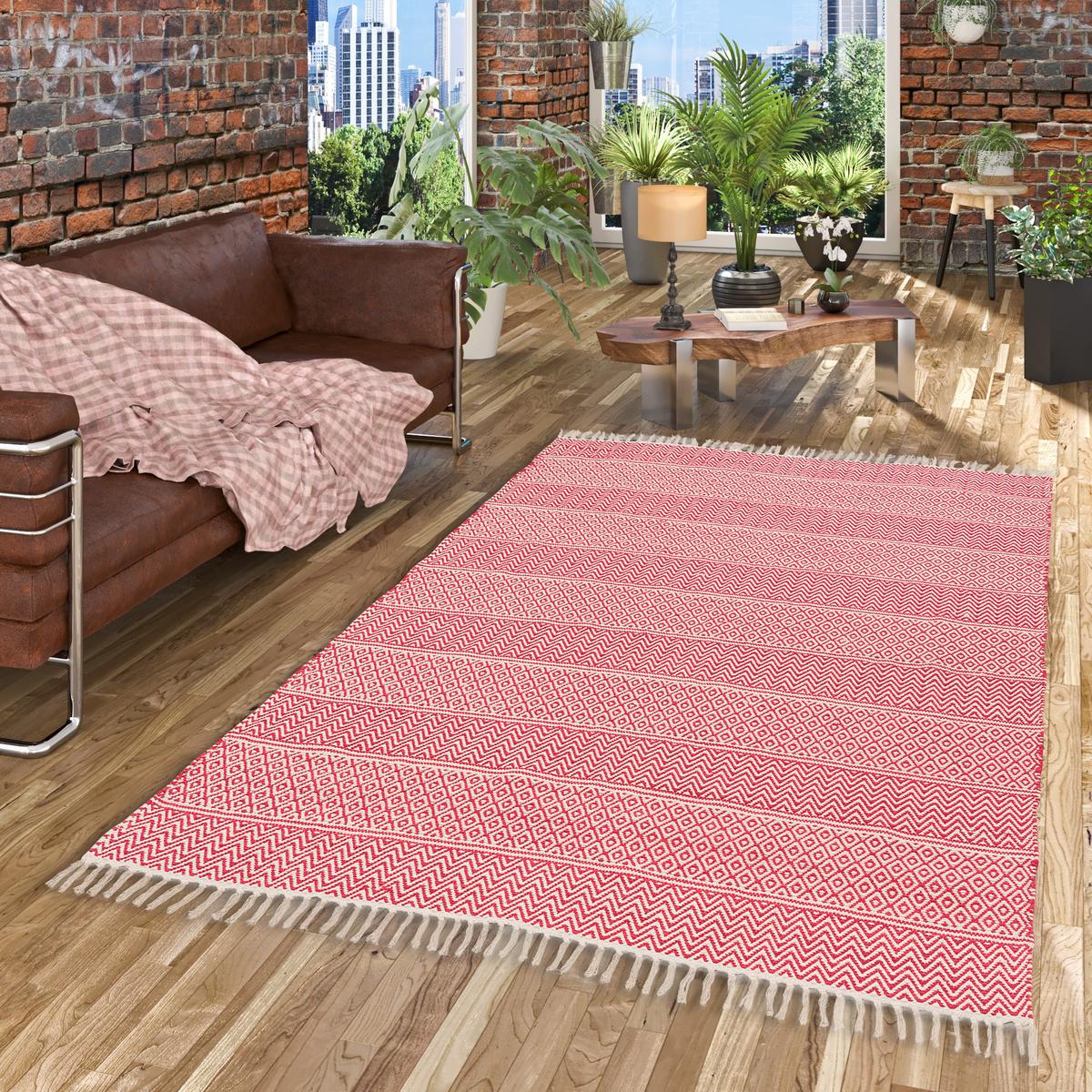 BAUMWOLLE NATUR KELIM TEPPICH SANDY STRIPES - Rot, Textil (90/160cm) - Pergamon