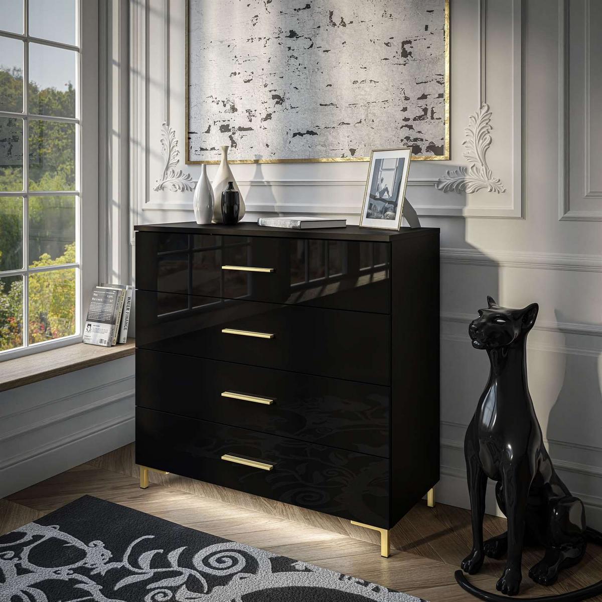 KOMMODE LINA GOLD mit goldenen Griffen und Beinen Schwarzer Glanz LED - Schwarz, Holzwerkstoff (95/86/40cm) - Lookway