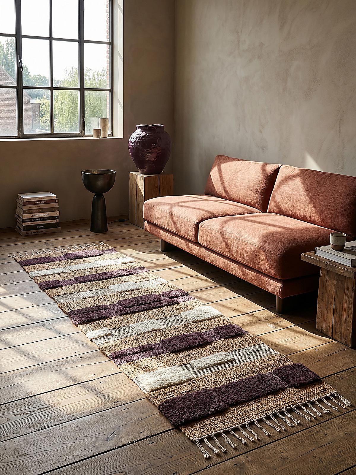 JUTETEPPICH handgewebt mit Fransen WHARFE, im Patchwork-Stil, Natur-Lila, 60 x 230 cm - Lila, Textil (230/60cm) - KADIMA DESIGN