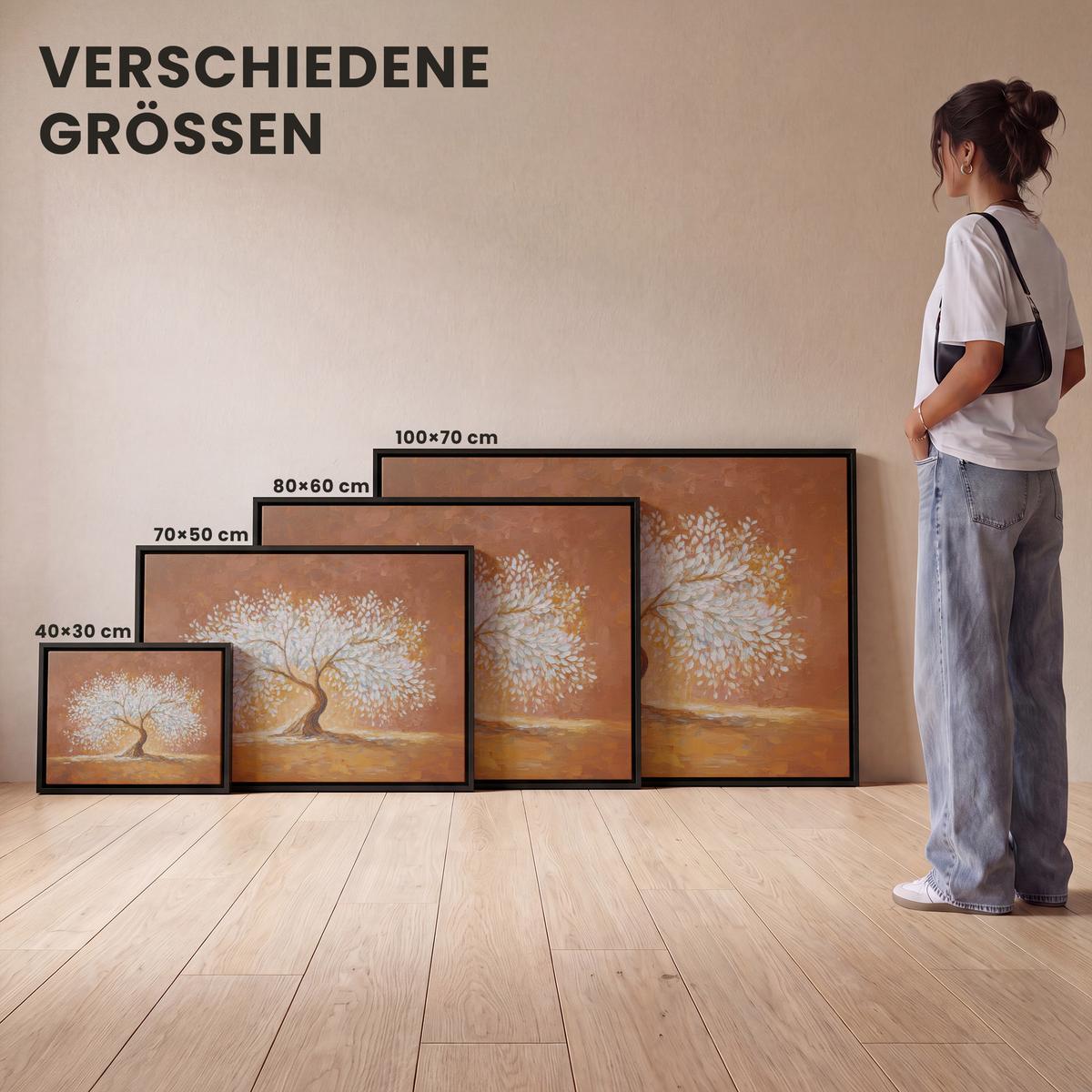 LEINWAND Bilder mit Rahmen - Abstrakt - Baum - Weiß - Blätter - 100x70 - Braun, Textil (100/70cm) - MuchoWow