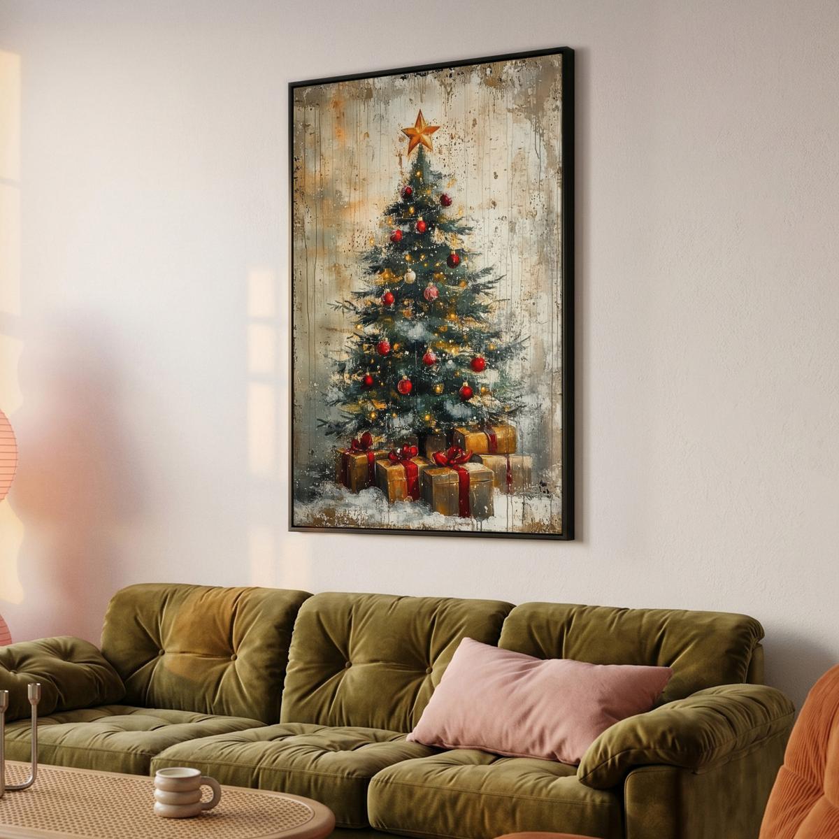 LEINWAND Bilder mit Rahmen - Weihnachtsbaum - Vintage - Weihnachten - Geschenk - 90x140 - Rostfarben, Textil (90/140cm) - MuchoWow