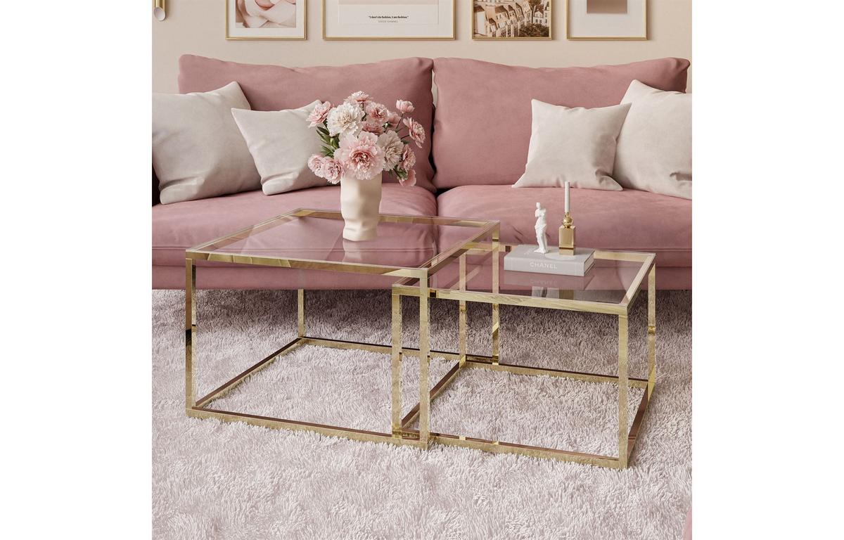 COUCHTISCH YOSHI 2in1 70/70/41 cm Gold chrom / Transparent Glas - Transparent, Glas/Metall (70/70/41cm) - Lookway