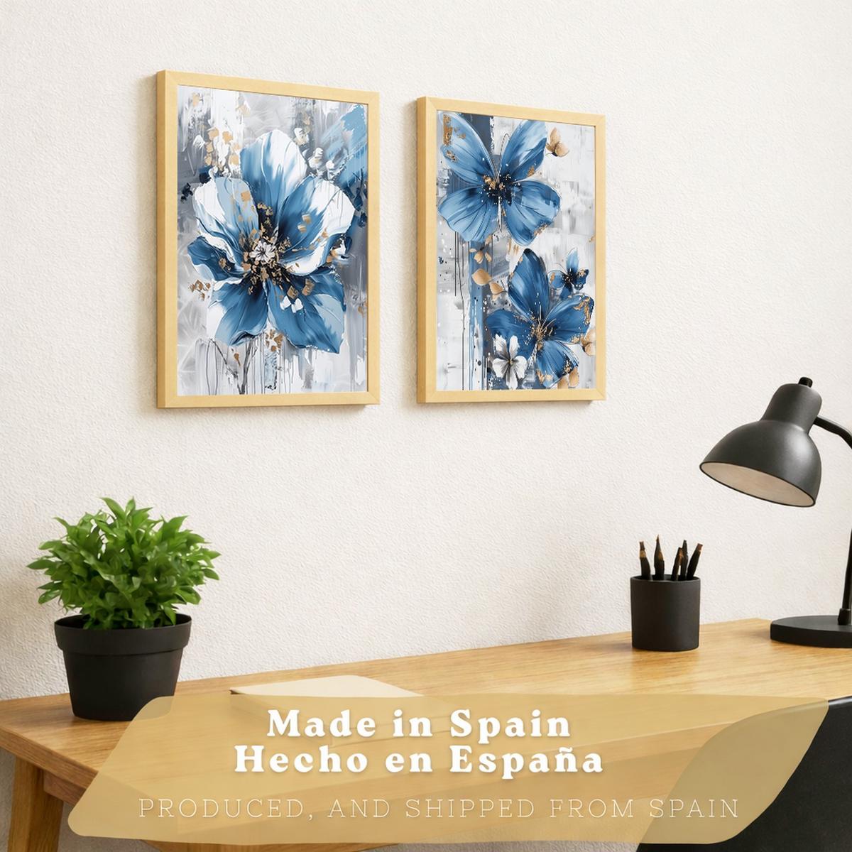 POSTER 2er-Set Wandbilder Blumen Blau Braun modern Wohnzimmer Deko, Schlafzimmer, Küche, Badezimmer Leichter Holzrahmen A3 - Beige, Papier (29.7/1/42cm) - Nacnic