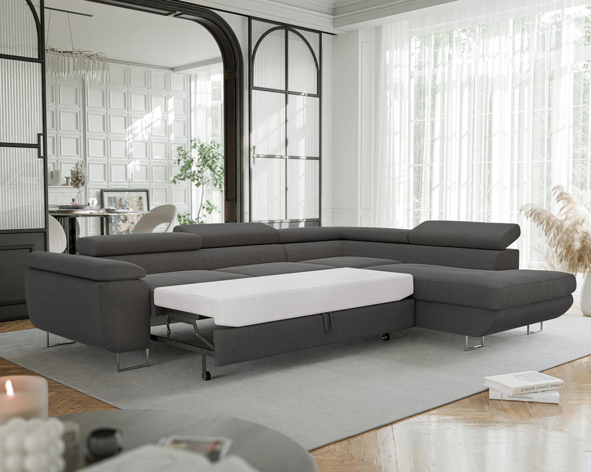 ECKSOFA ANTON rechts, mit Schlaffunktion und Bettkasten Anthrazit - Chromfarben/Anthrazit, Textil/Metall (274/203cm) - Idohome