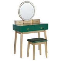 SCHMINKTISCH mit rundem LED-Spiegel Hocker 4 Schubladen grün/gold Fedry - Goldfarben/Grün, Holzwerkstoff (80/134/40cm) - Beliani