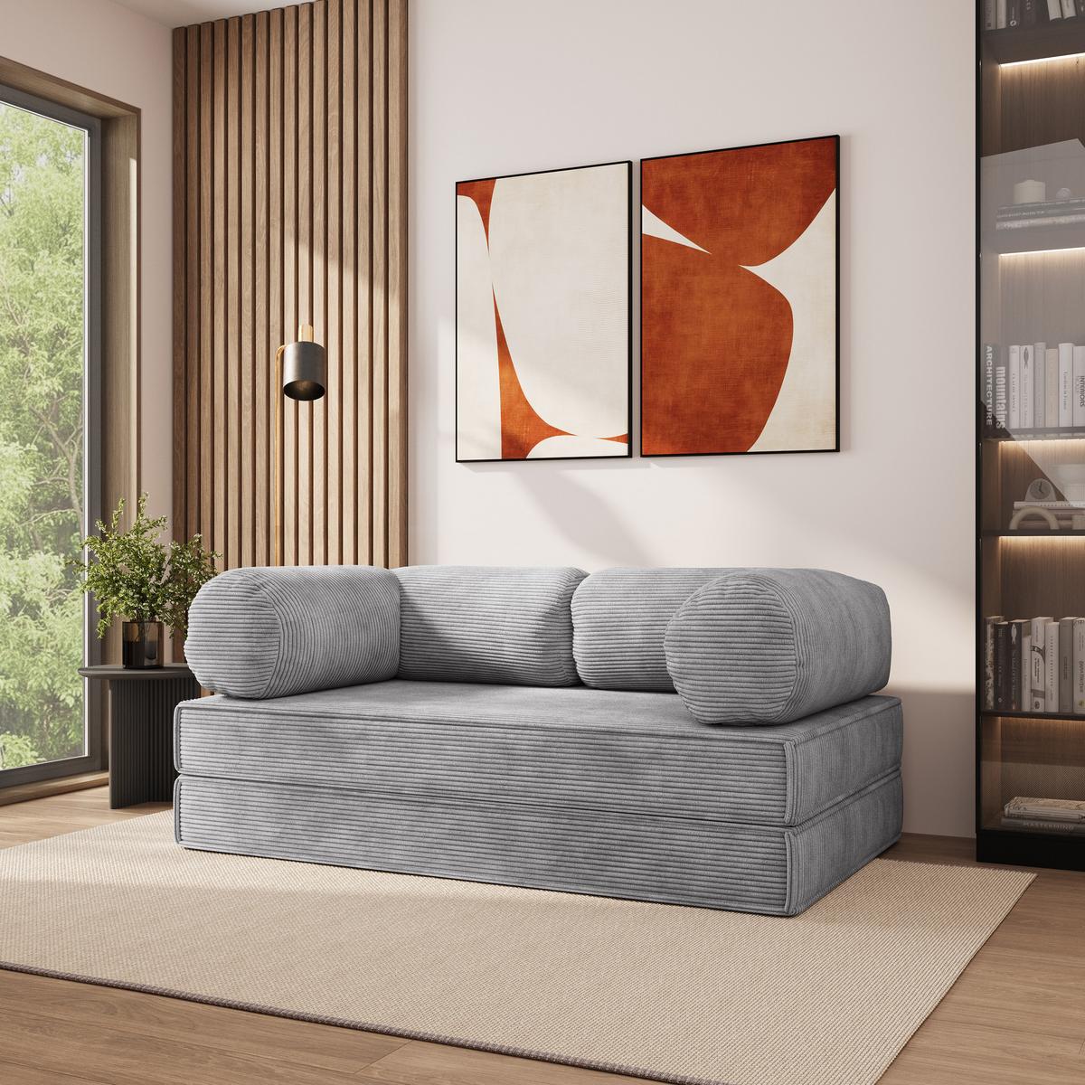 BETTSOFA ALVIO aus Schaumstoff Kordstoff Hellgrau Schlaffunktion - Hellgrau, Textil (170/68/80cm) - MASSENO