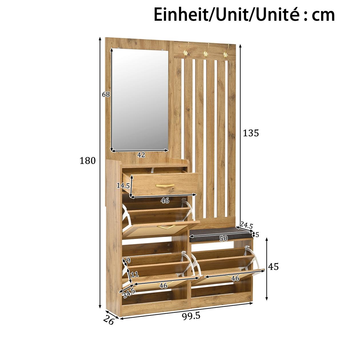 GARDEROBE 100cm Natur & Rattanoptik mit Schuhkipper, Spiegel & Sitzbank - Naturfarben, Holzwerkstoff (99.5/180/26cm) - Urban Meuble