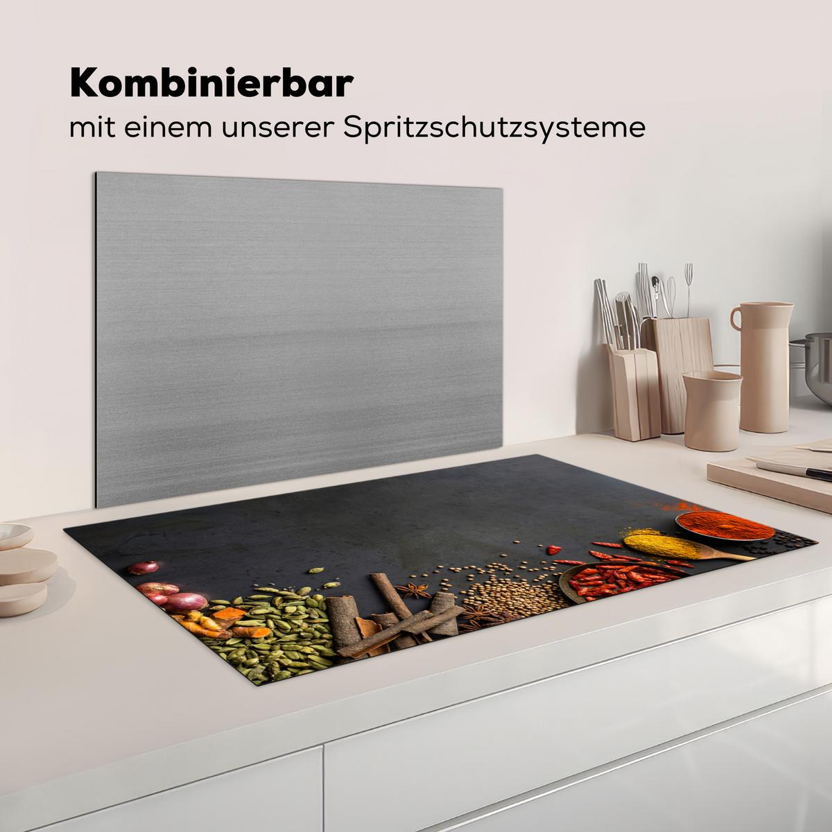 HERDABDECKPLATTE Kräuter - Lebensmittel - Gewürze - Schwarz - Paprika - Zimt Induktionsschutz 89.6x51.6 cm - Currygelb, Kunststoff (89.6/51.6/0.2cm) - MuchoWow