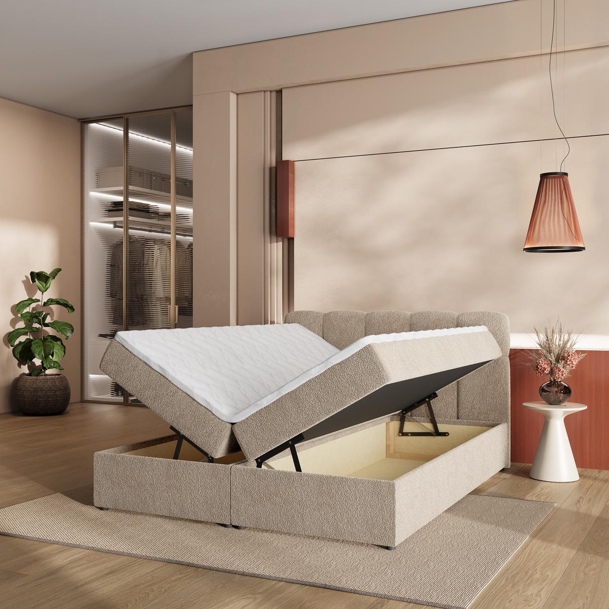 BOXBETT MERU 140x200 cm mit Matratze und Topper - Beige - Beige, Holz (140/200cm) - MASSENO