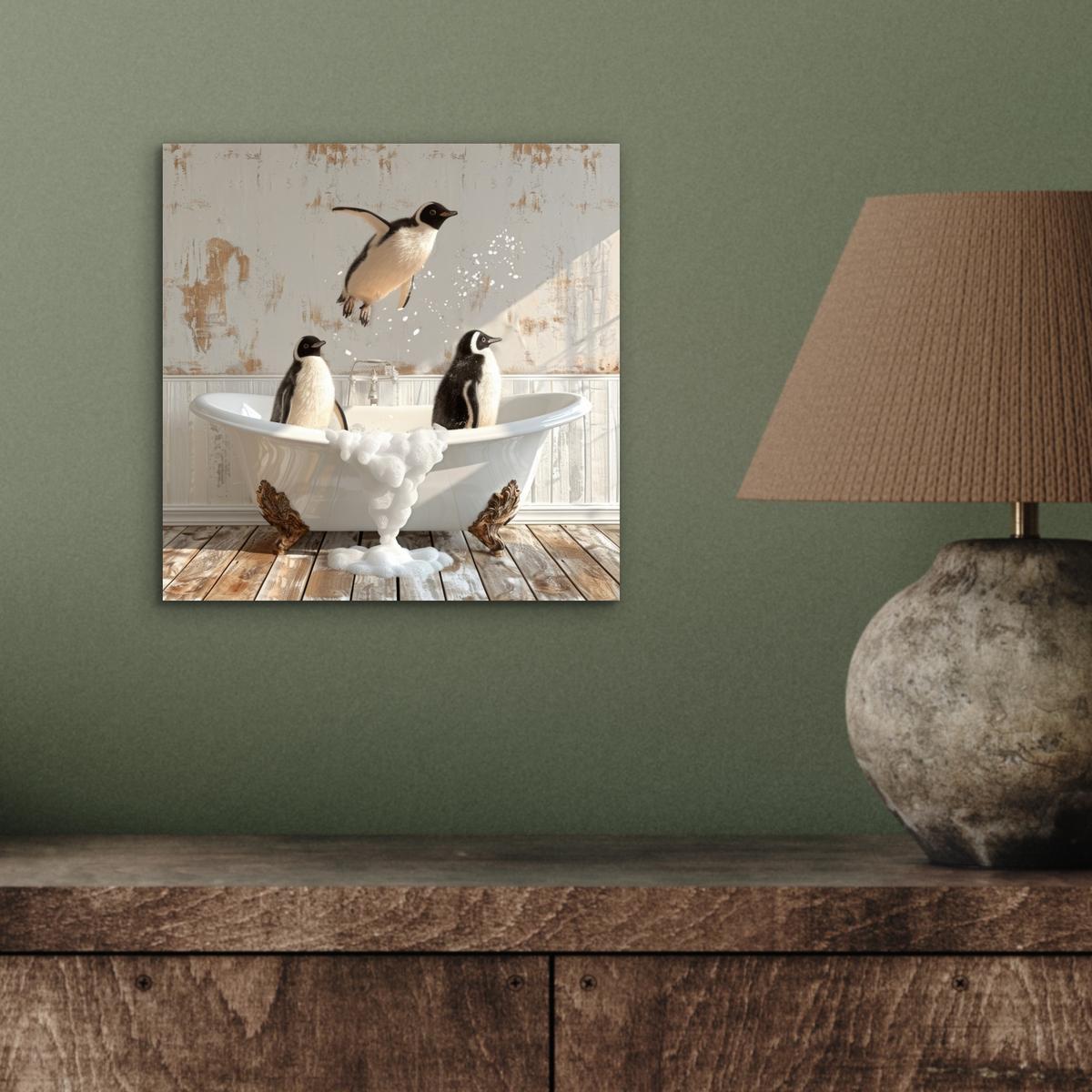METALLBILD Vintage - Pinguin - Badewanne - Schaumstoff 20x20 cm - Schwarz, Metall (20/20cm) - MuchoWow