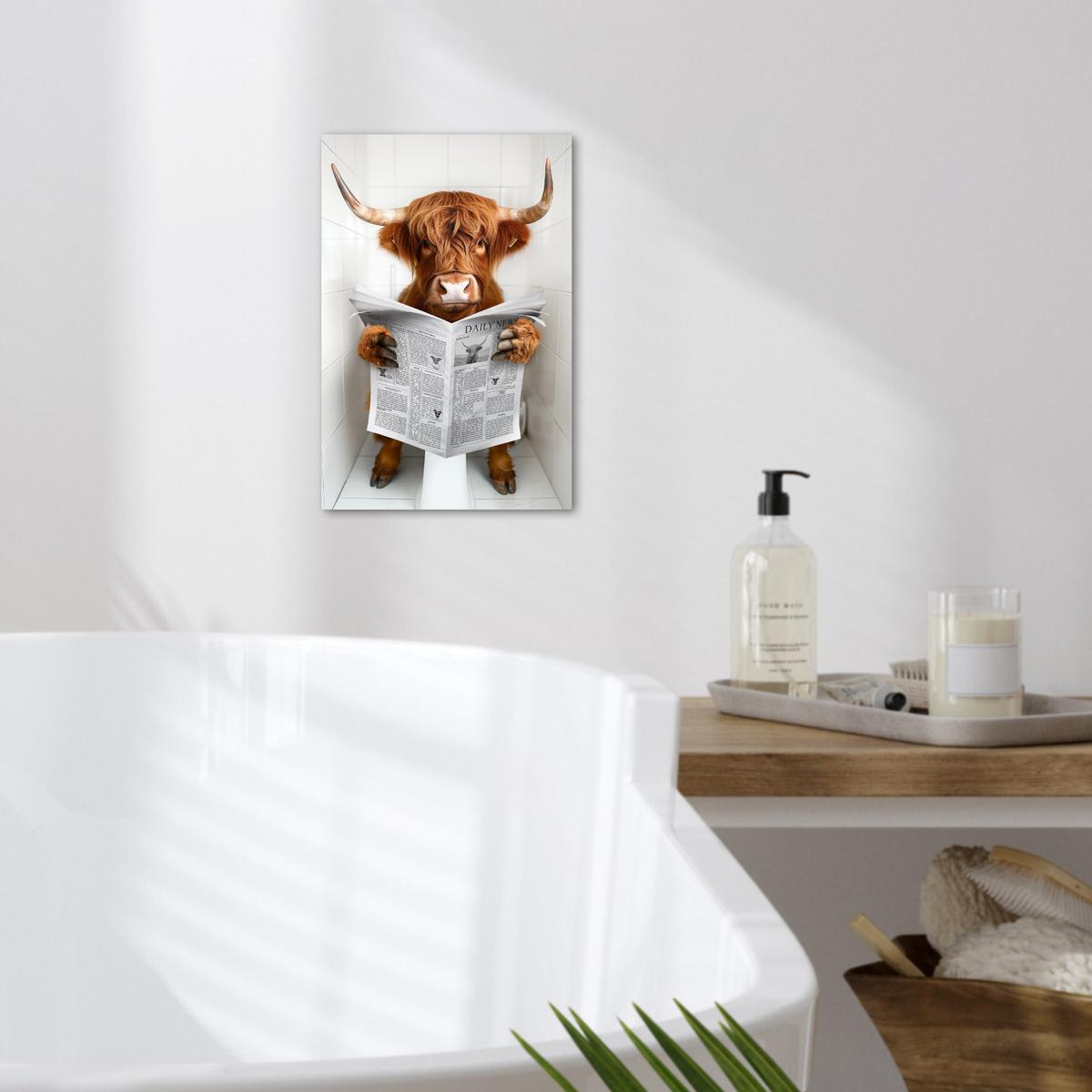 LEINWANDBILD Schottischer Highlander - Tier - Zeitung - Toilette Deko Wohnzimmer 20x30 cm - Kastanienfarben, Textil (20/30cm) - MuchoWow
