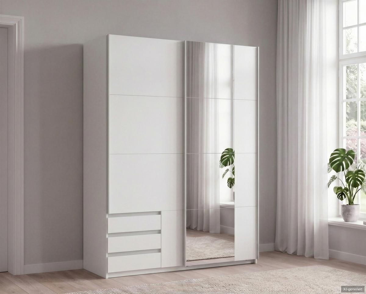 SCHWEBETÜRENSCHRANK 2-türig B135/H198/T65 cm, Kleiderschrank in Weiß mit sichtbaren Schubkästen & Spiegel / 22674 - Alufarben/Weiß, Holz/Holzwerkstoff (135/198/65cm) - luma-home
