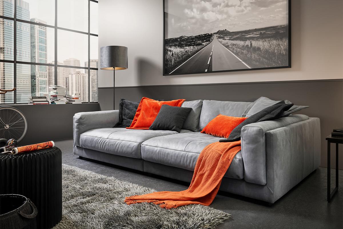BIG SOFA RAINA Grau Leder - Schwarz/Grau, Leder/Kunststoff (254/85/150cm) - KAWOLA