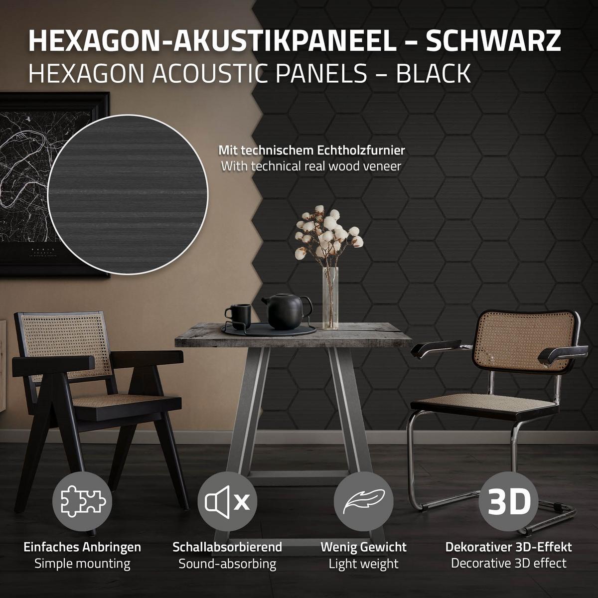 AKUSTIKPANEEL 2er Set Schallschutzplatten Hexagon Schwarz Holzoptik 66x81x2 cm aus Filz - Schwarz, Holzwerkstoff (2.1/81.1/66.6cm) - ML-DESIGN