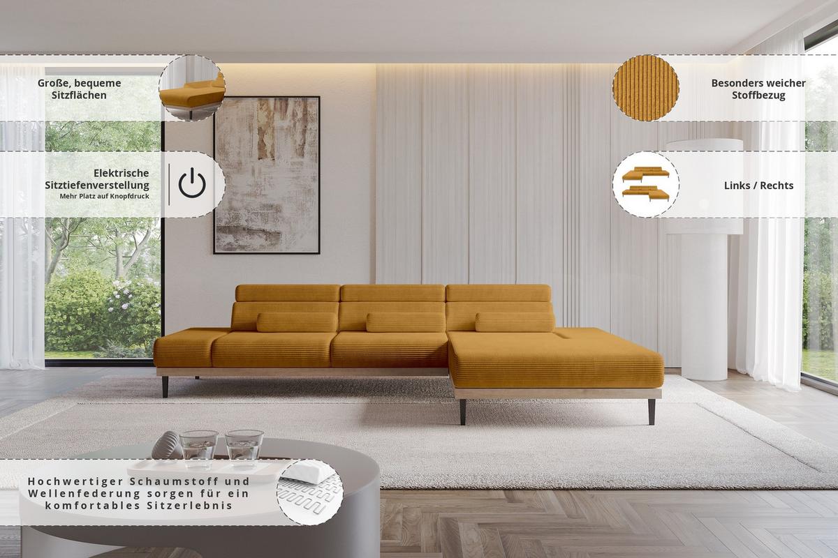 ELEKTRISCHES ECKSOFA Rechts MONA 316x205x85 Senfgelb Cord - Dunkelgelb, Holzwerkstoff/Textil (316/205cm) - ALTDECOR