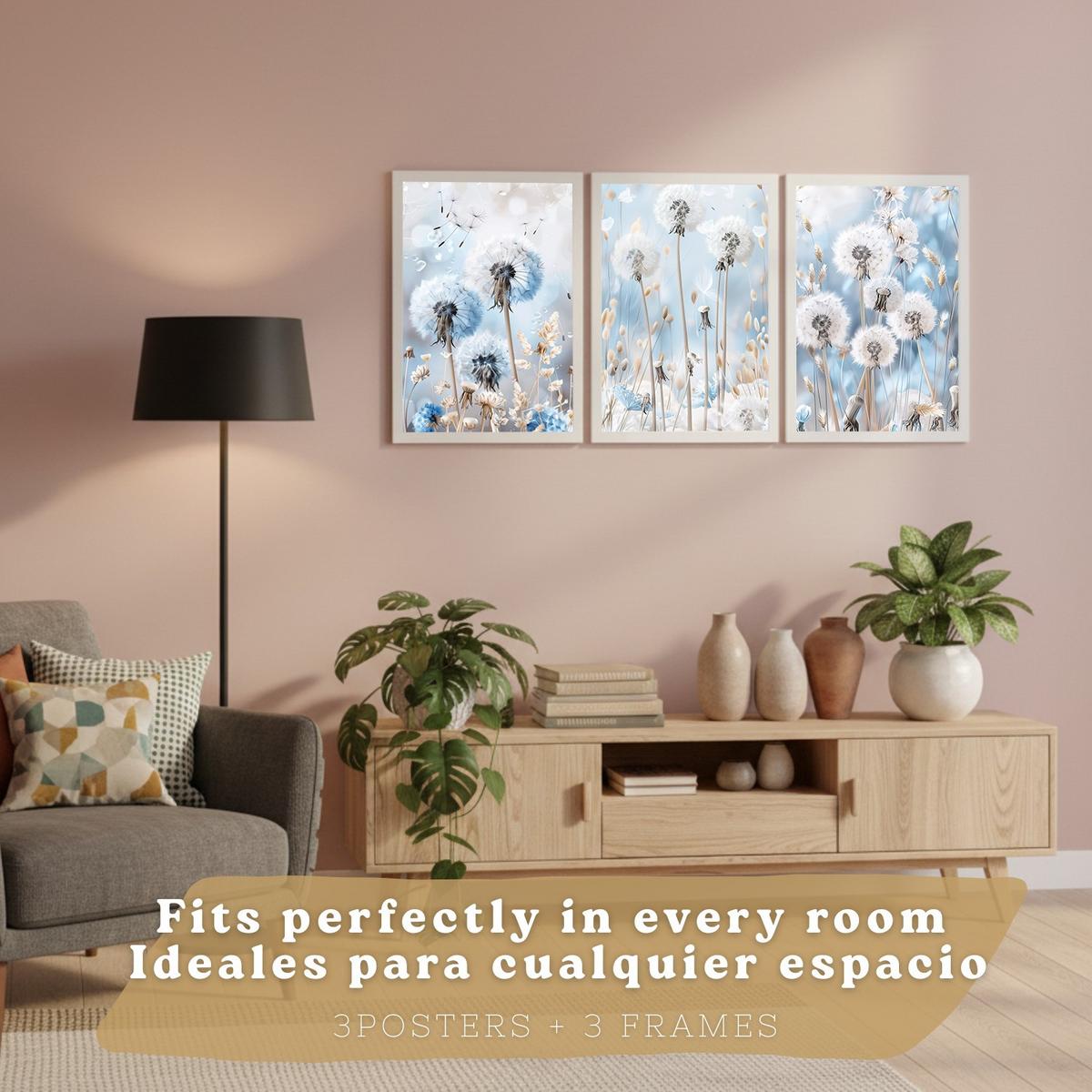 POSTER 3er Kunstdruck-Set Wandbilder Floral Blau modern Wohnzimmer Deko, Schlafzimmer, Küche, Badezimmer Weißer Rahmen A4 - Weiß, Papier (29.7/1/21cm) - Nacnic