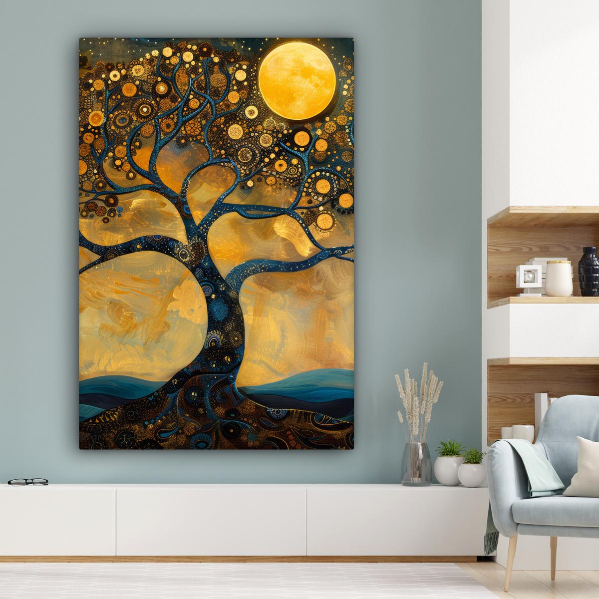 LEINWANDBILD Baum - Mond - Blumen - Gold - Kunst Deko Groß 90x140 cm - Orange, Textil (90/140cm) - MuchoWow