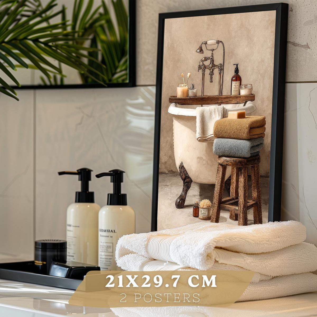 POSTER 2er-Set dekorative Badezimmerdrucke, rustikaler Stil, Vintage-Spa-Bilder mit Handtüchern und Badewanne,, Wohndekoration Schwarzer Rahmen A4 - Schwarz, Papier (29.7/21/3cm) - Nacnic