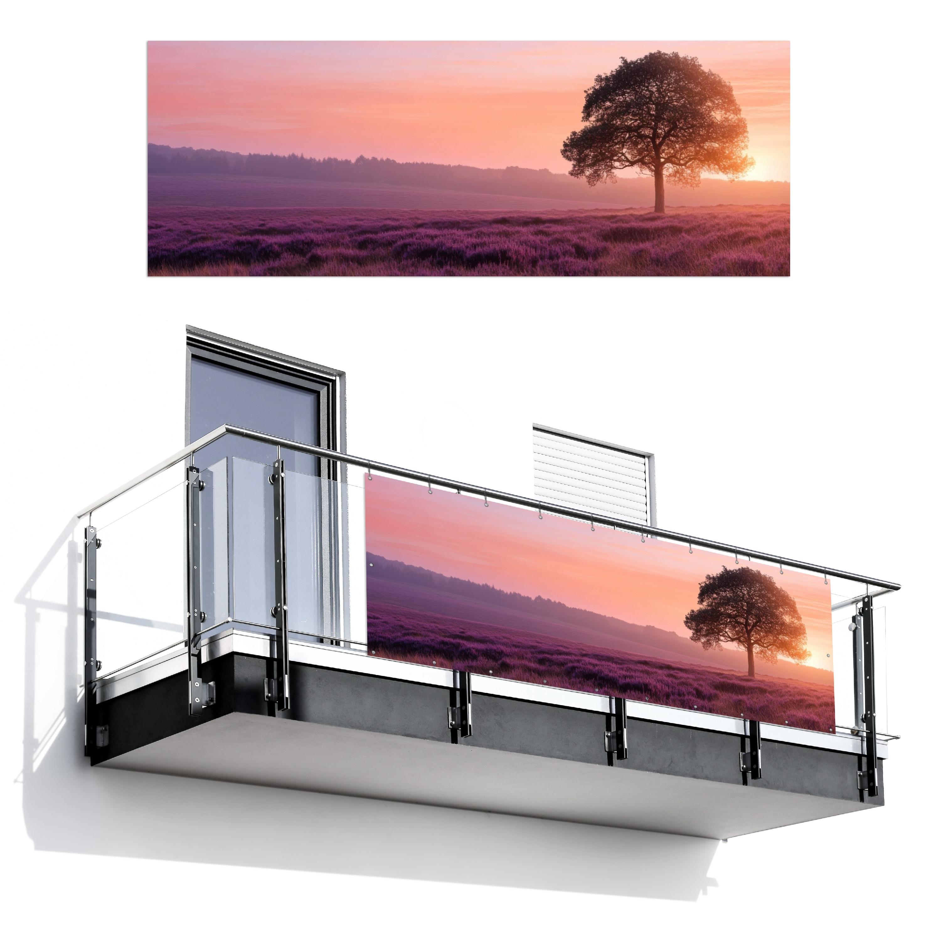 BALKON-SICHTSCHUTZ Baum - Heidekraut - Sonnenaufgang Balkon Deko 300x110 cm - Flieder, Kunststoff (300/110cm) - MuchoWow