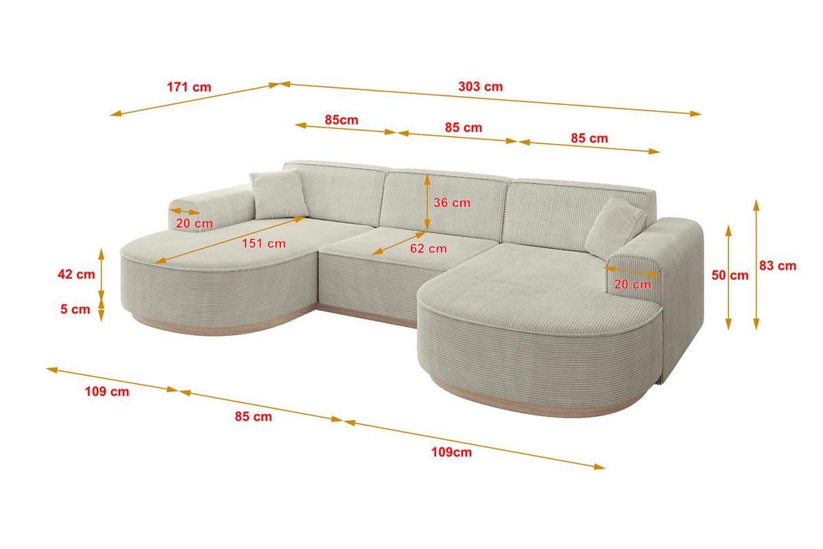 WOHNLANDSCHAFT MARI-U1-v1 - 303x171x83 cm Creme Cord - Hellgrau/Creme, Holzwerkstoff/Textil (303/83/171cm) - ALTDECOR