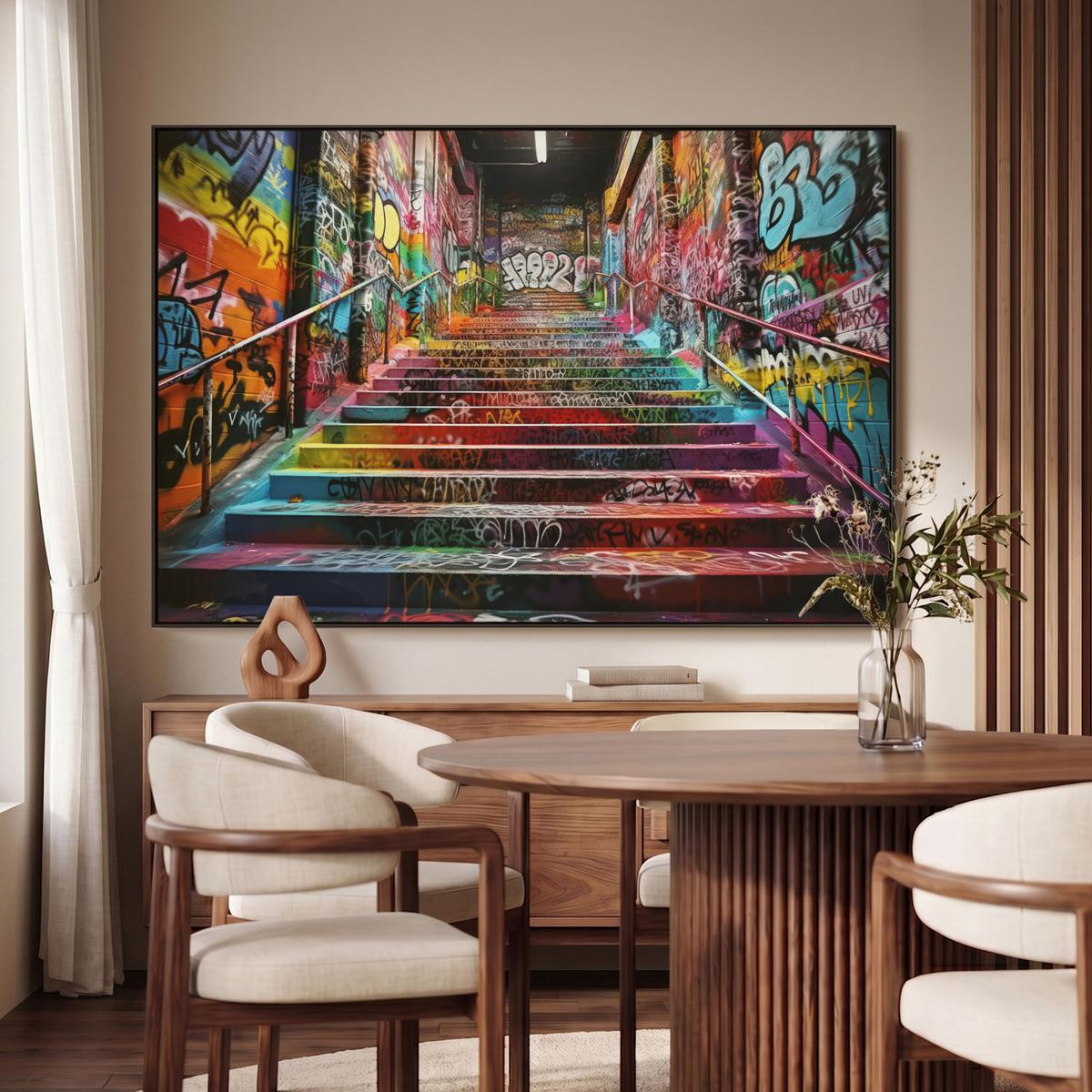 LEINWAND Bilder mit Rahmen - Treppe - Graffiti - Farben - Kunst - 140x90 - Multicolor, Textil (140/90cm) - MuchoWow