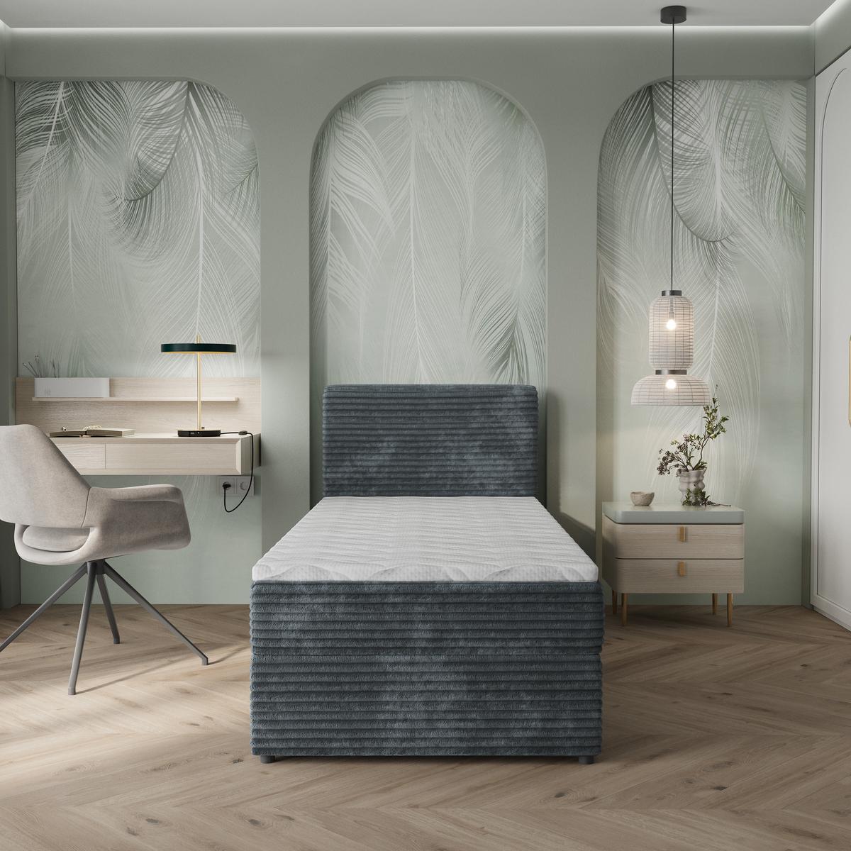 BOXBETT PISA 90 90x200 cm mit Matratze und Topper, H2+H3 - Grau - Grau, Holz (90/200cm) - MASSENO