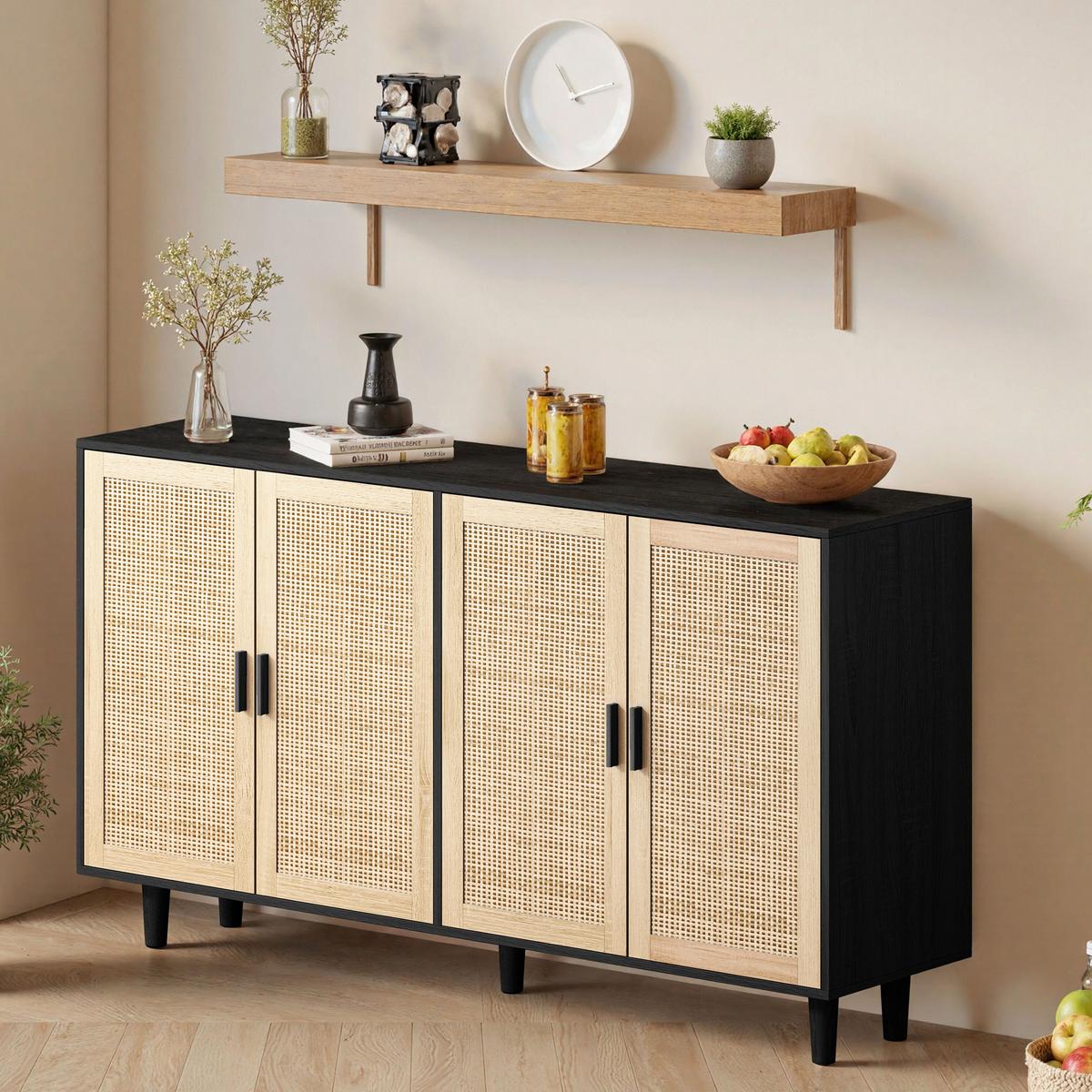 SIDEBOARD holzwerkstoff in schwarz mit rattan-fronten, 4 türen - Schwarz, Holzwerkstoff (158/88/40cm) - Urban Meuble