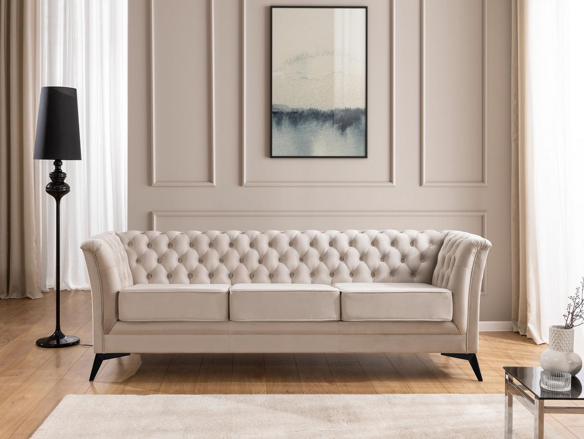 SITZGARNITUR 3+2+1 Chesterfield Whitby Beige Samt mit schwarzen Füßen - Beige/Schwarz, Holz/Textil (237/78/82cm) - S-Style Möbel