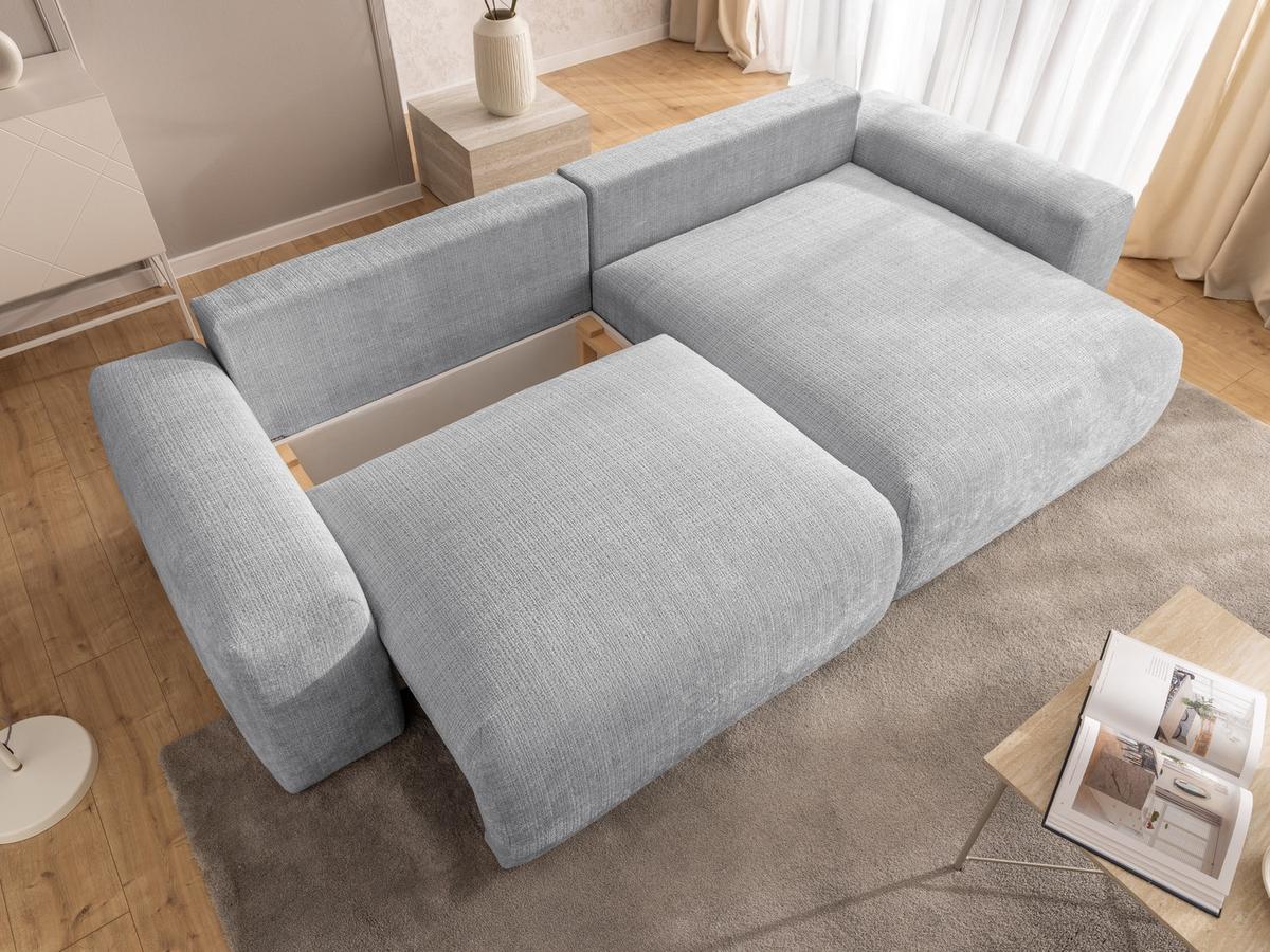 ECKSOFA Puffy mit Schlaffunktion und Bettkasten - besonders weich und puffig aus Hellgrau Chenille-Stoff - Ottomane rechts - Hellgrau/Schwarz, Holz/Kunststoff (266/138cm) - S-Style Möbel
