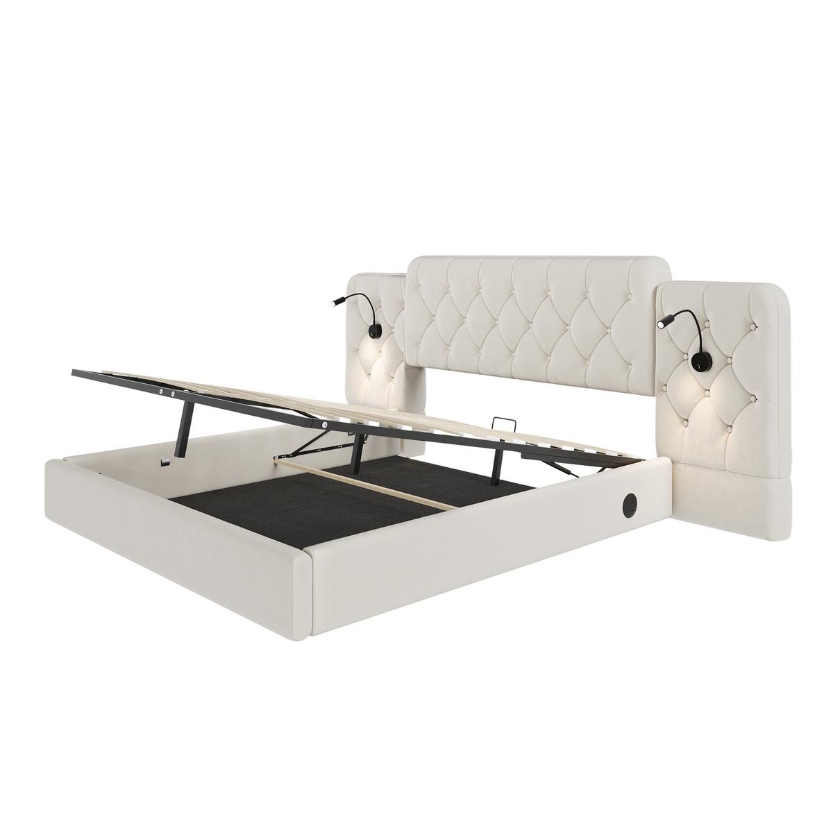 POLSTERBETT Samt Beige 160x200 cm mit LED Leseleuchten & USB-Anschluss - Beige, Textil (160/200cm) - Urban Meuble