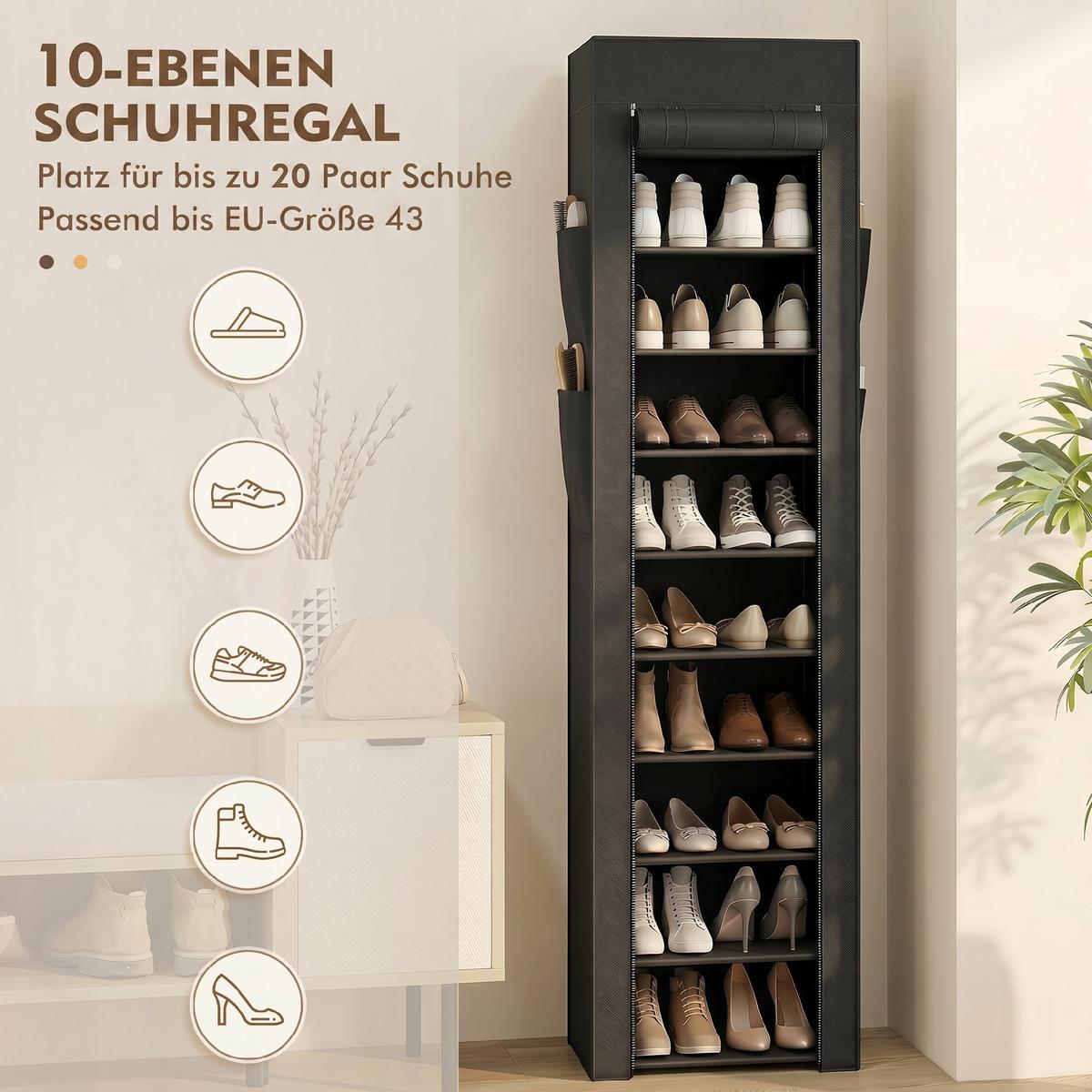 SCHUHREGAL Vliesstoff Metall Schwarz - Schwarz, Kunststoff/Textil (30/175/45cm) - HOMCOM