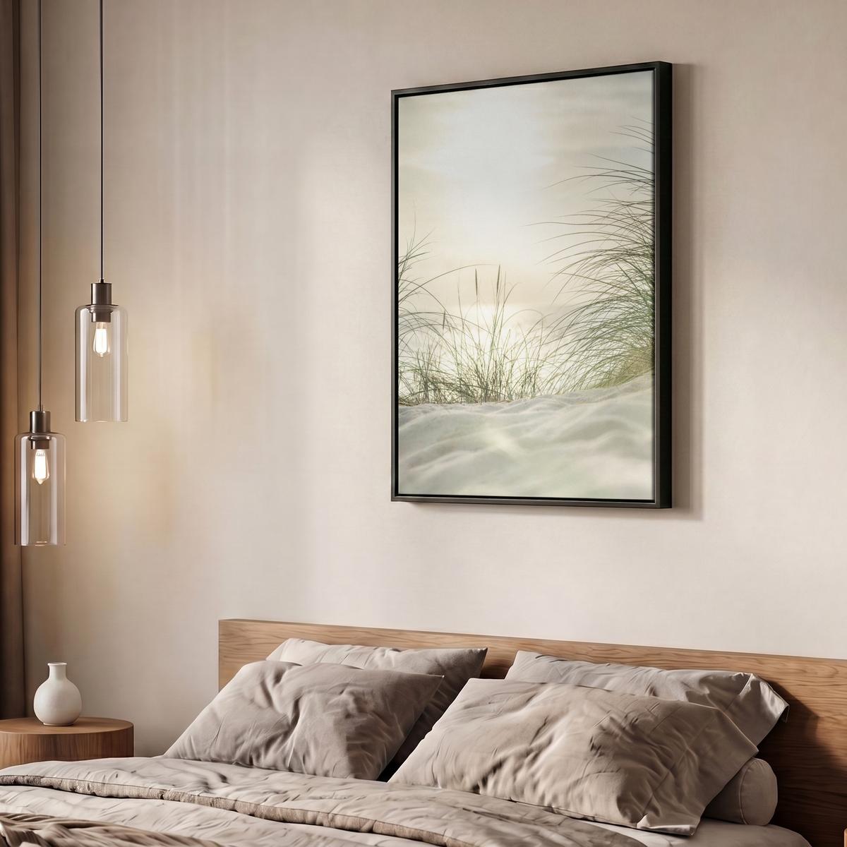 LEINWAND Bilder mit Rahmen - Dünen mit Strandhafer in der Sonne des Nationalparks Schleswig-Holsteinisches Wattenmeer - 60x80 - Creme, Textil (60/80cm) - MuchoWow