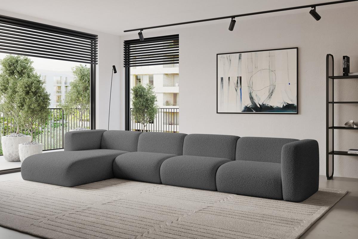 ECKSOFA Ottomane Links MIRA-L3 409x179x70 Grau Bouclé - Platinfarben/Schwarz, Holzwerkstoff/Kunststoff (409/179cm) - ALTDECOR