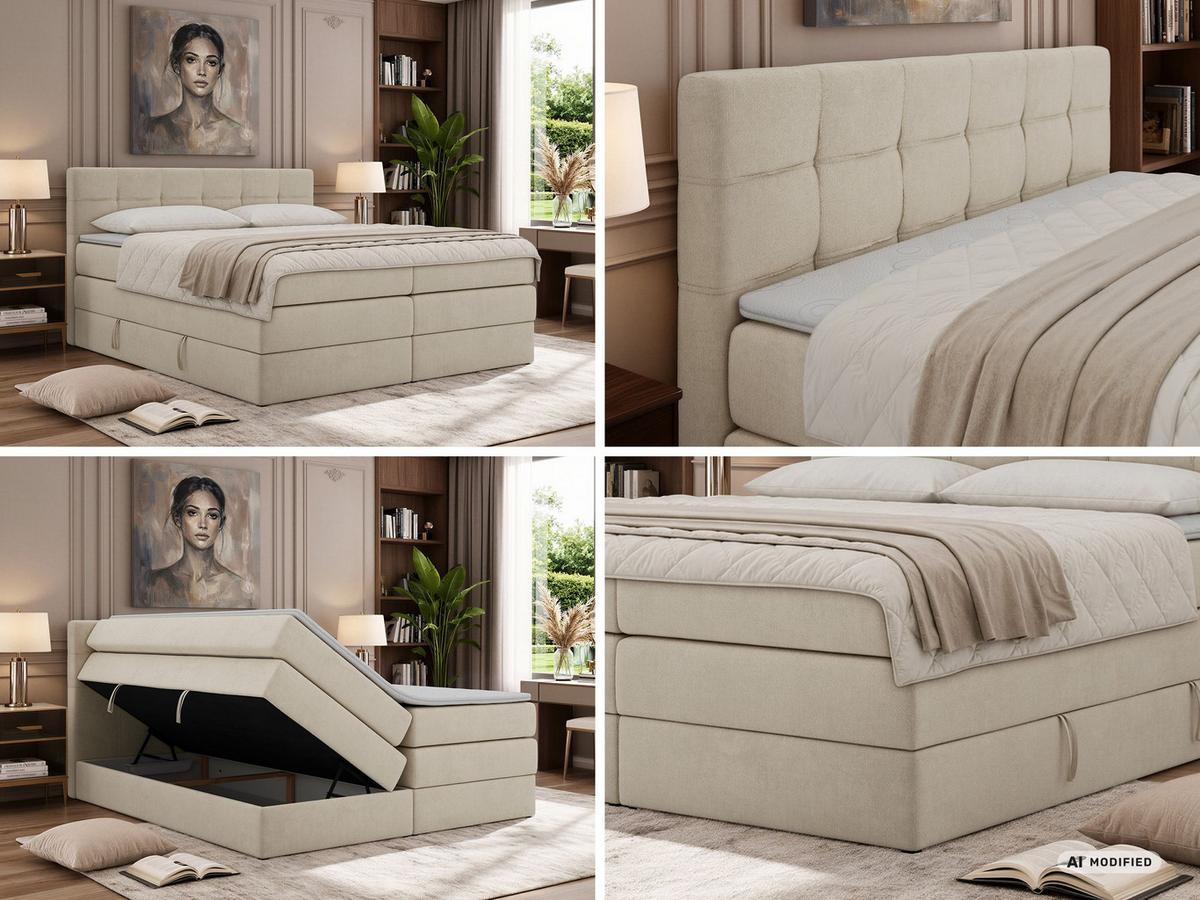 BOXSPRINGBETT SOLVEN KING 200/200 - Creme Jersey - Topper T25 - H4 - Creme/Schwarz, Kunststoff/Textil (200/200cm) - MKS
